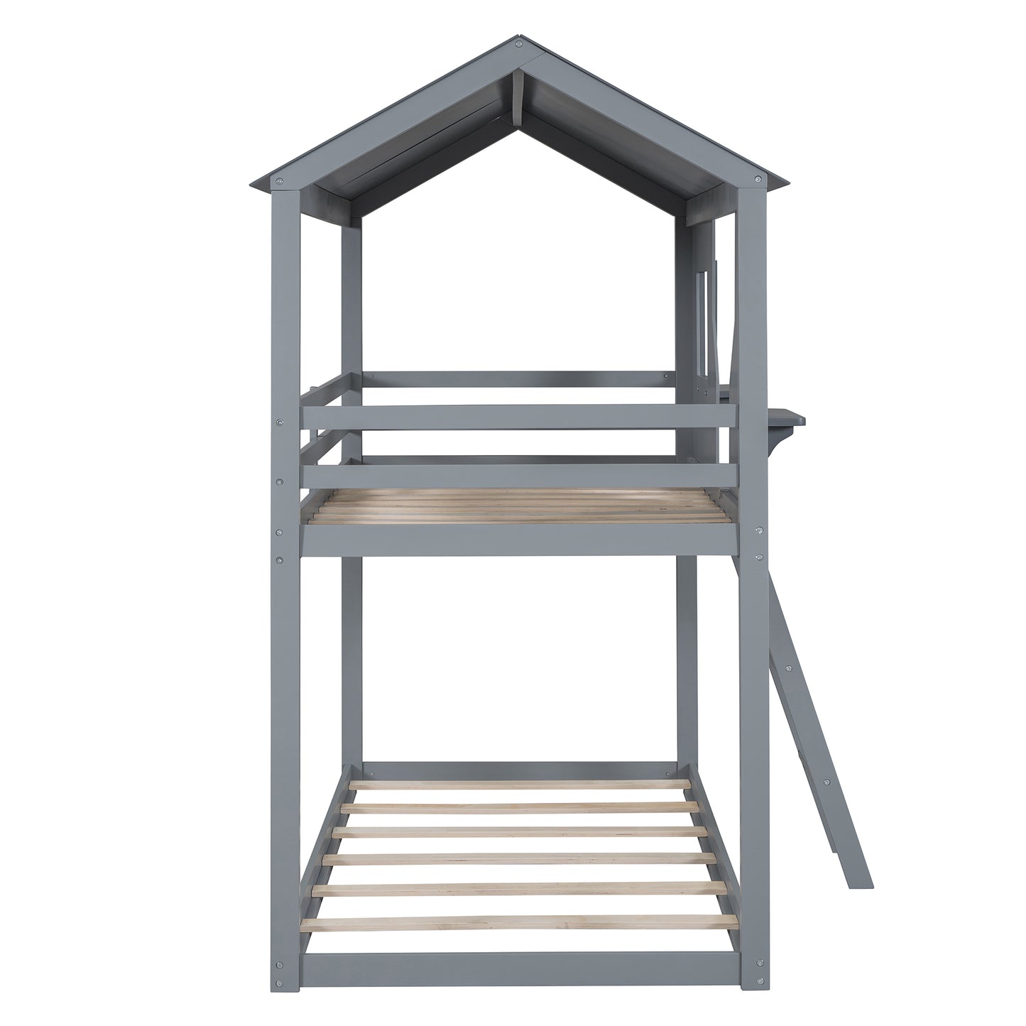 Gray wooden twin bunk bed with ladder and slatted mattress support