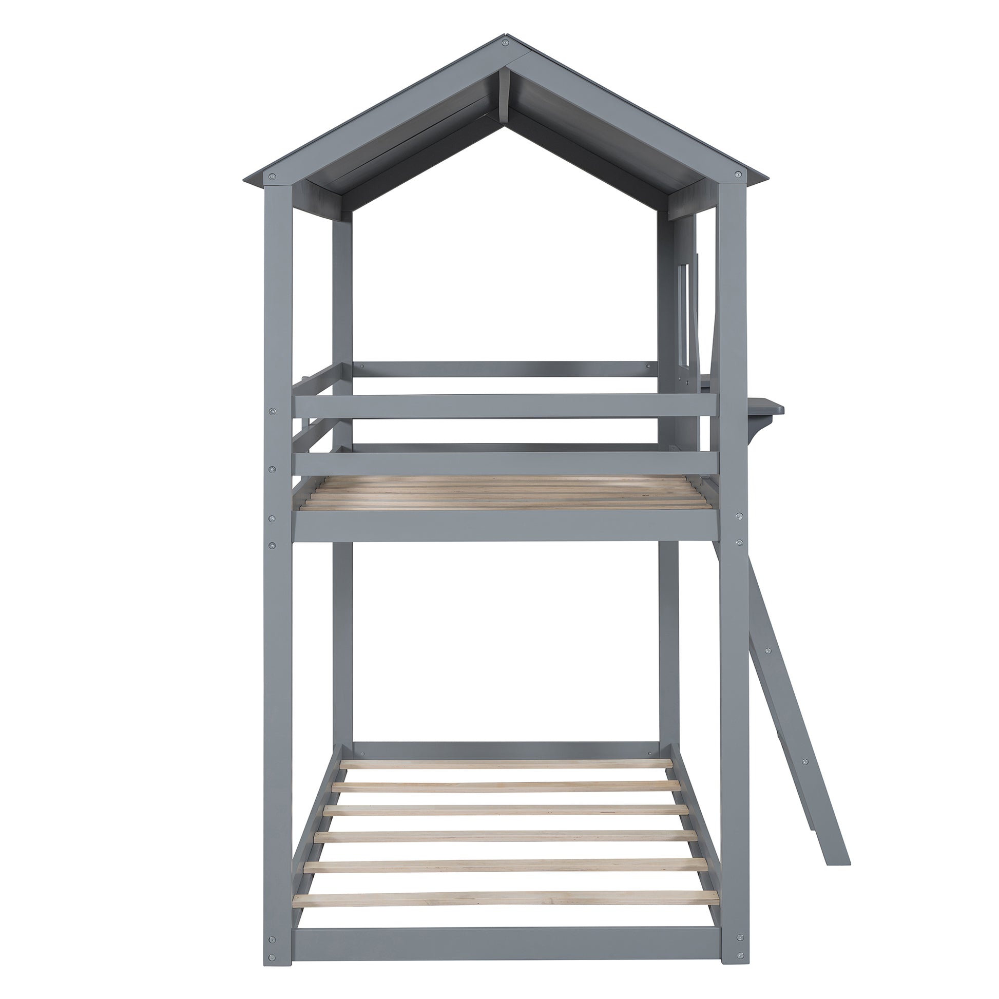 Gray wooden twin bunk bed with ladder and slatted mattress support