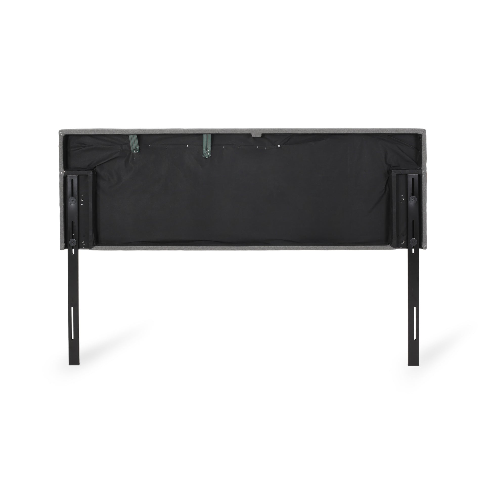 Gray upholstered headboard rear view with adjustable metal mounting brackets