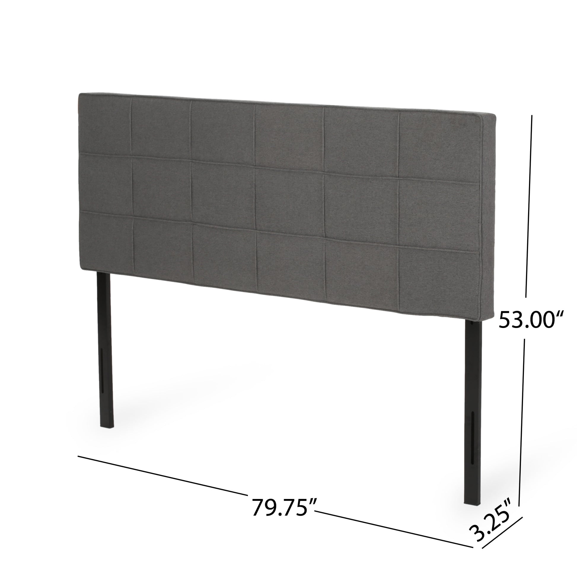 Dark grey upholstered headboard with subtle tufting and black metal legs