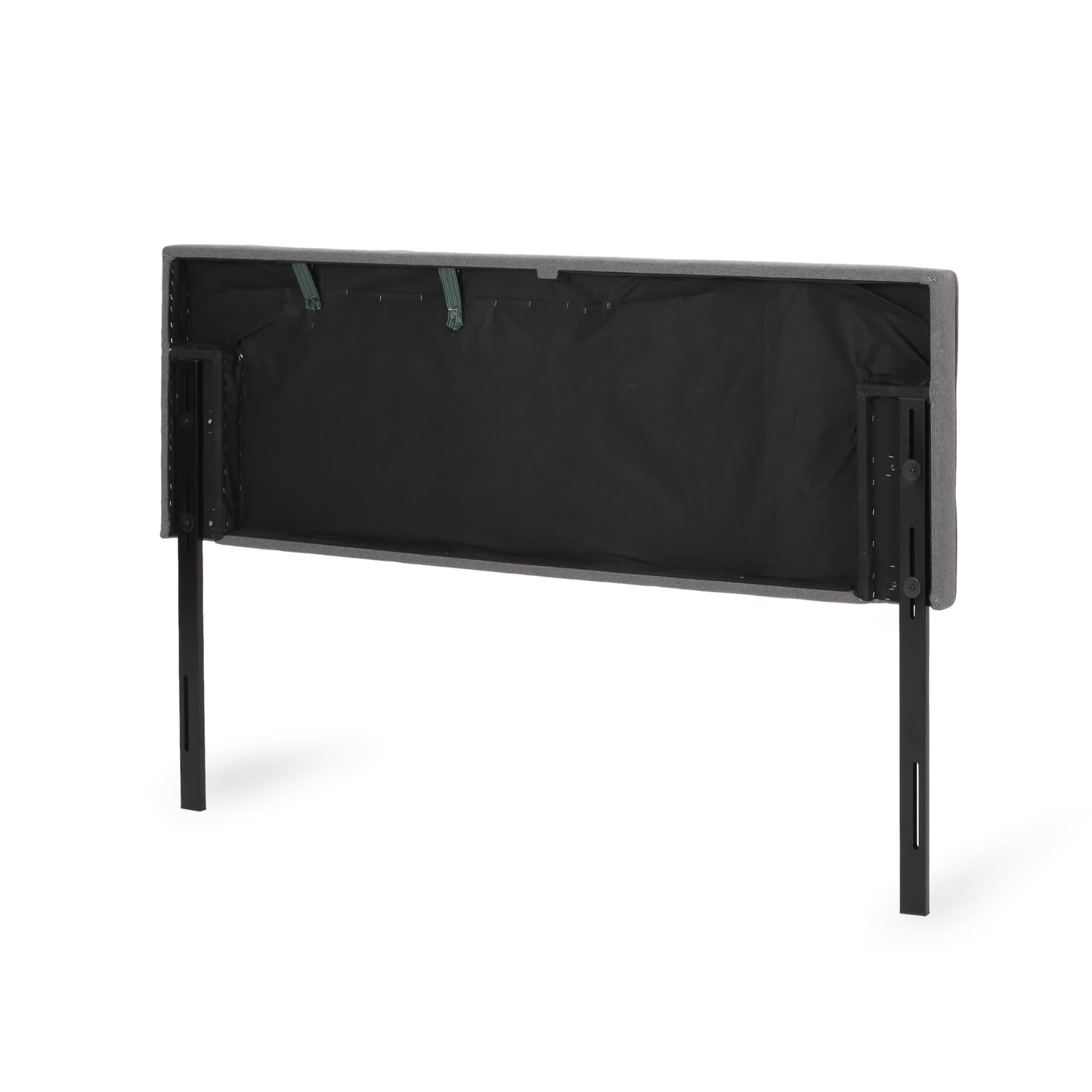 Gray upholstered headboard with adjustable black metal legs back view