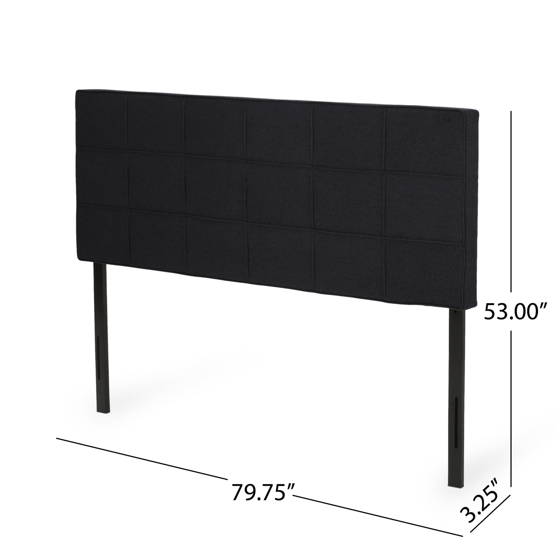 Black upholstered headboard with button tufting and metal legs