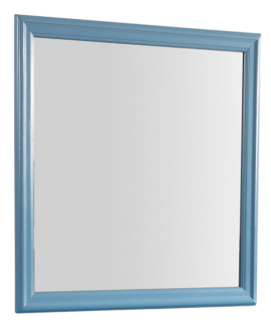 Blue framed decorative mirror with beveled edge
