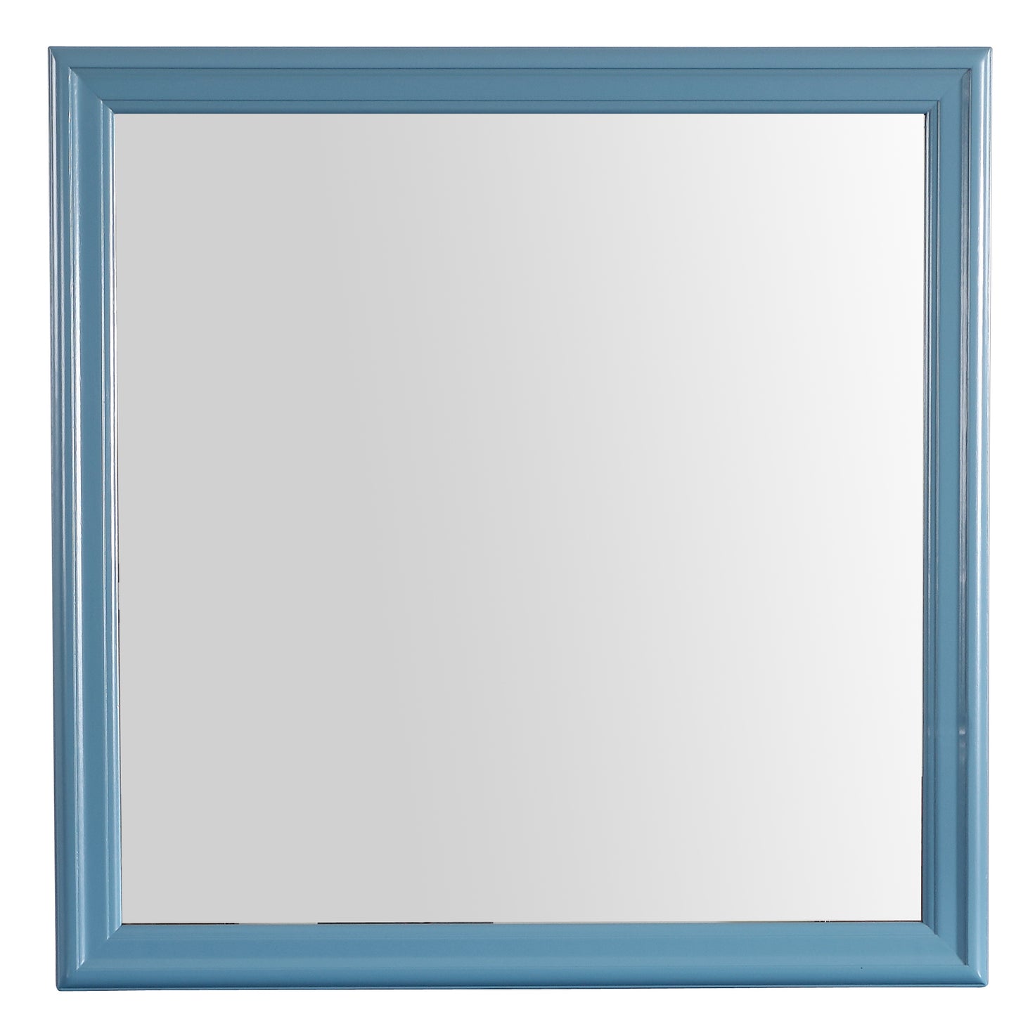 Square blue wood framed mirror with clean lines
