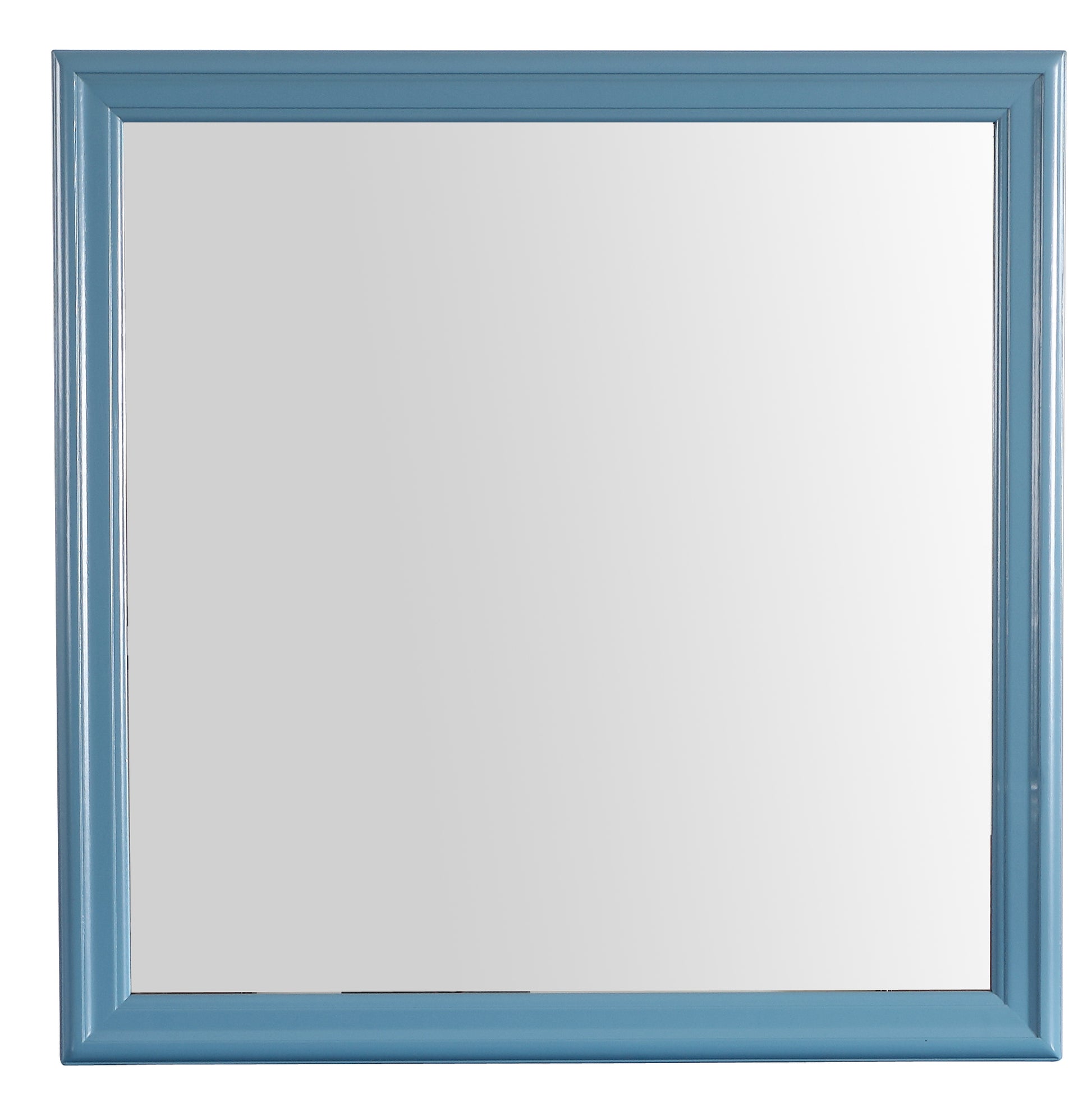 Square blue wood framed mirror with clean lines