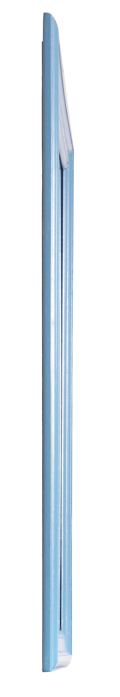 Light blue vinyl baseboard molding with a layered design