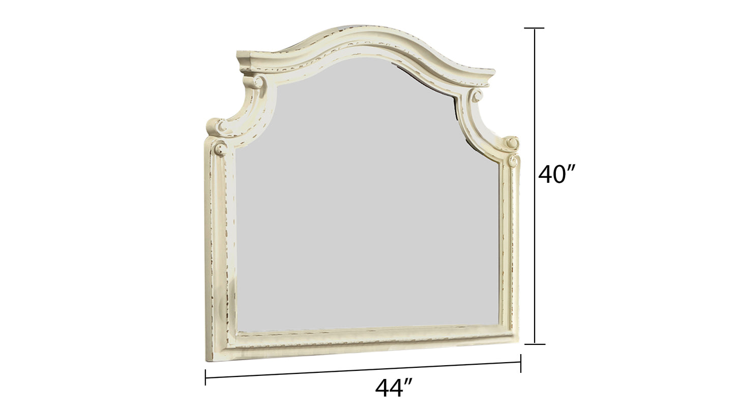 Ornate antique white arched vanity mirror with distressed finish  wide