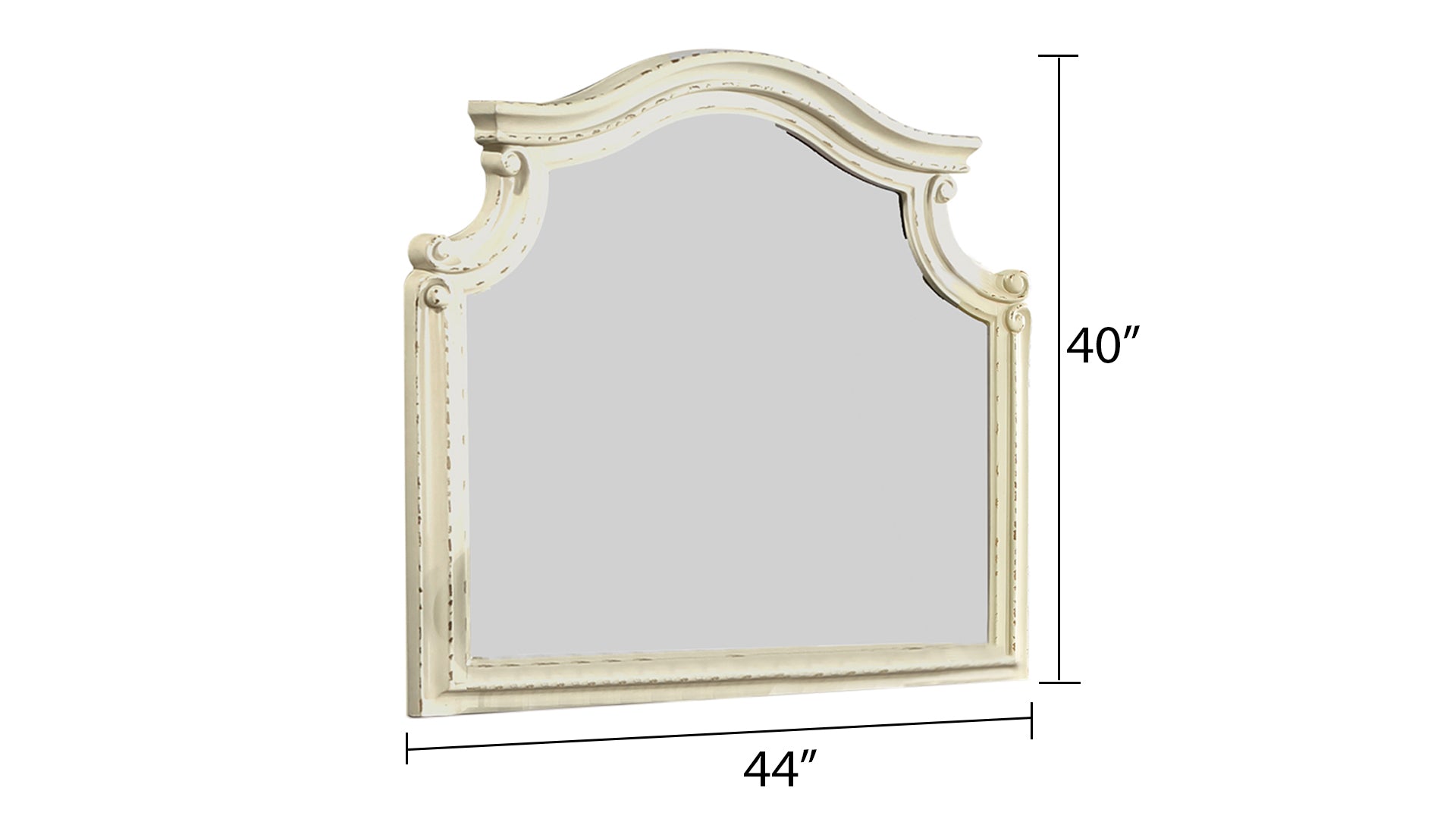 Ornate antique white arched vanity mirror with distressed finish  wide