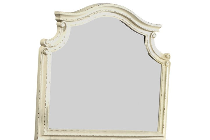 Distressed white arched vanity mirror with ornate scrollwork