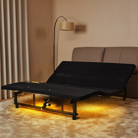 Adjustable bed frame with black upholstery and underglow lighting