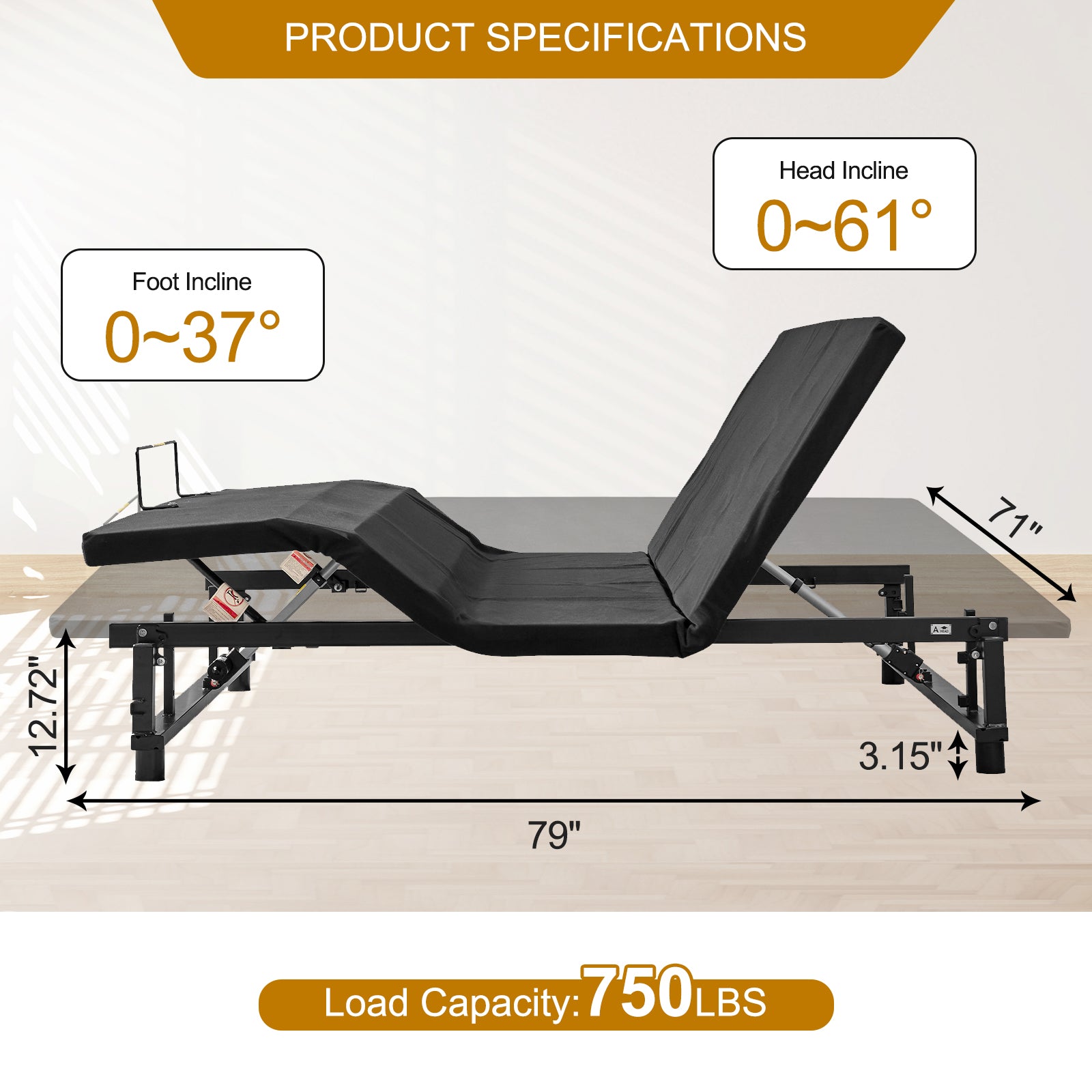 Black adjustable bed frame with head and foot incline options for comfort