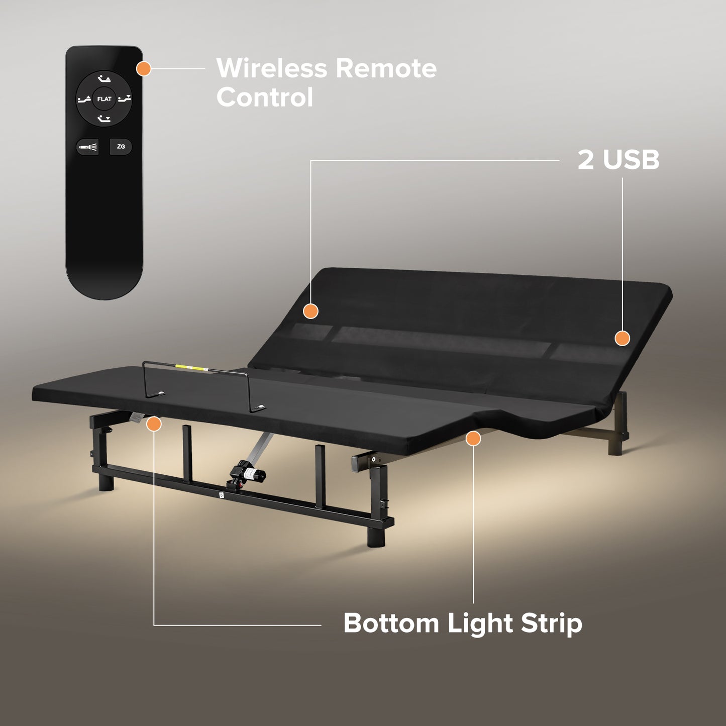 Black adjustable bed frame with wireless remote and two USB ports