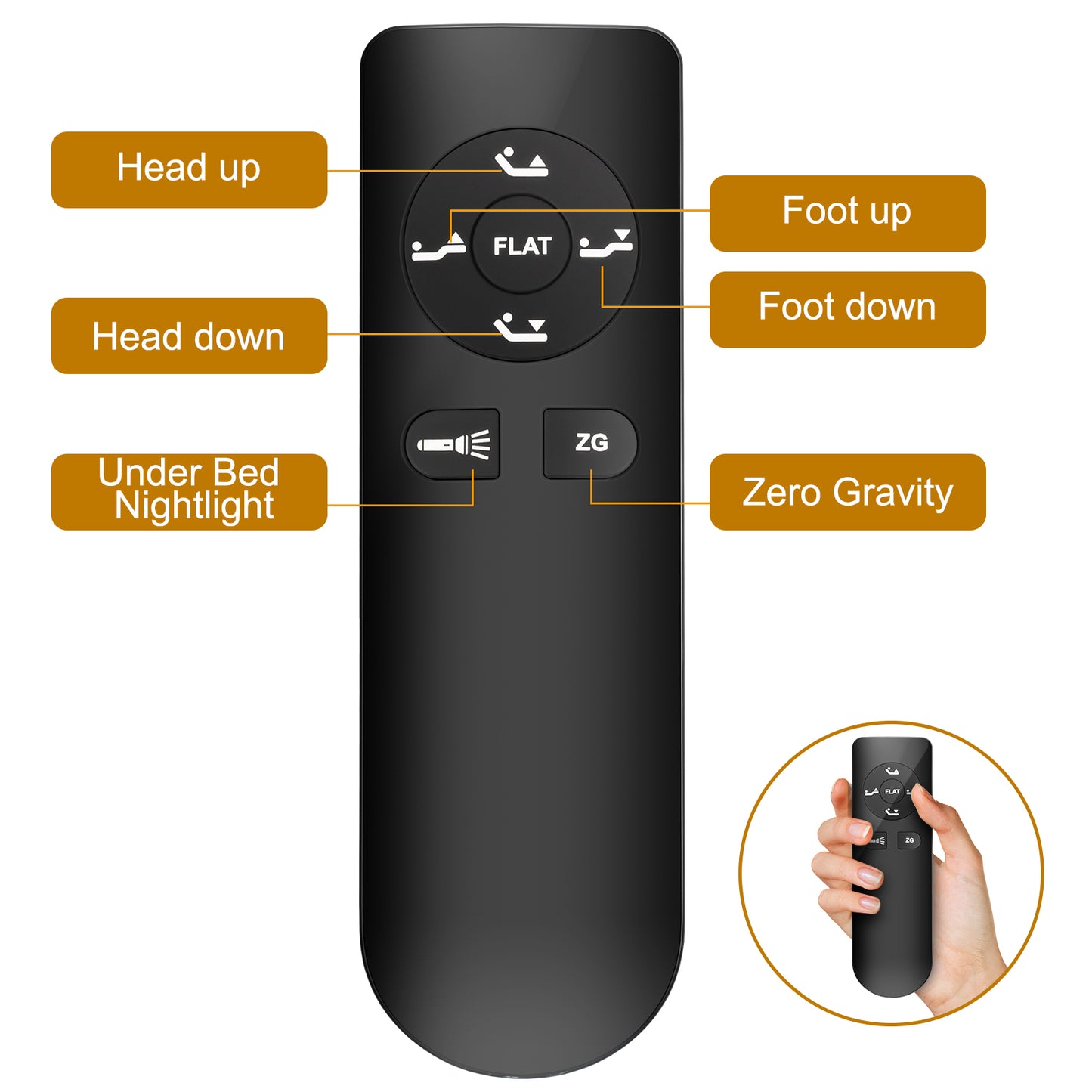 Black adjustable bed remote with head up and head down buttons