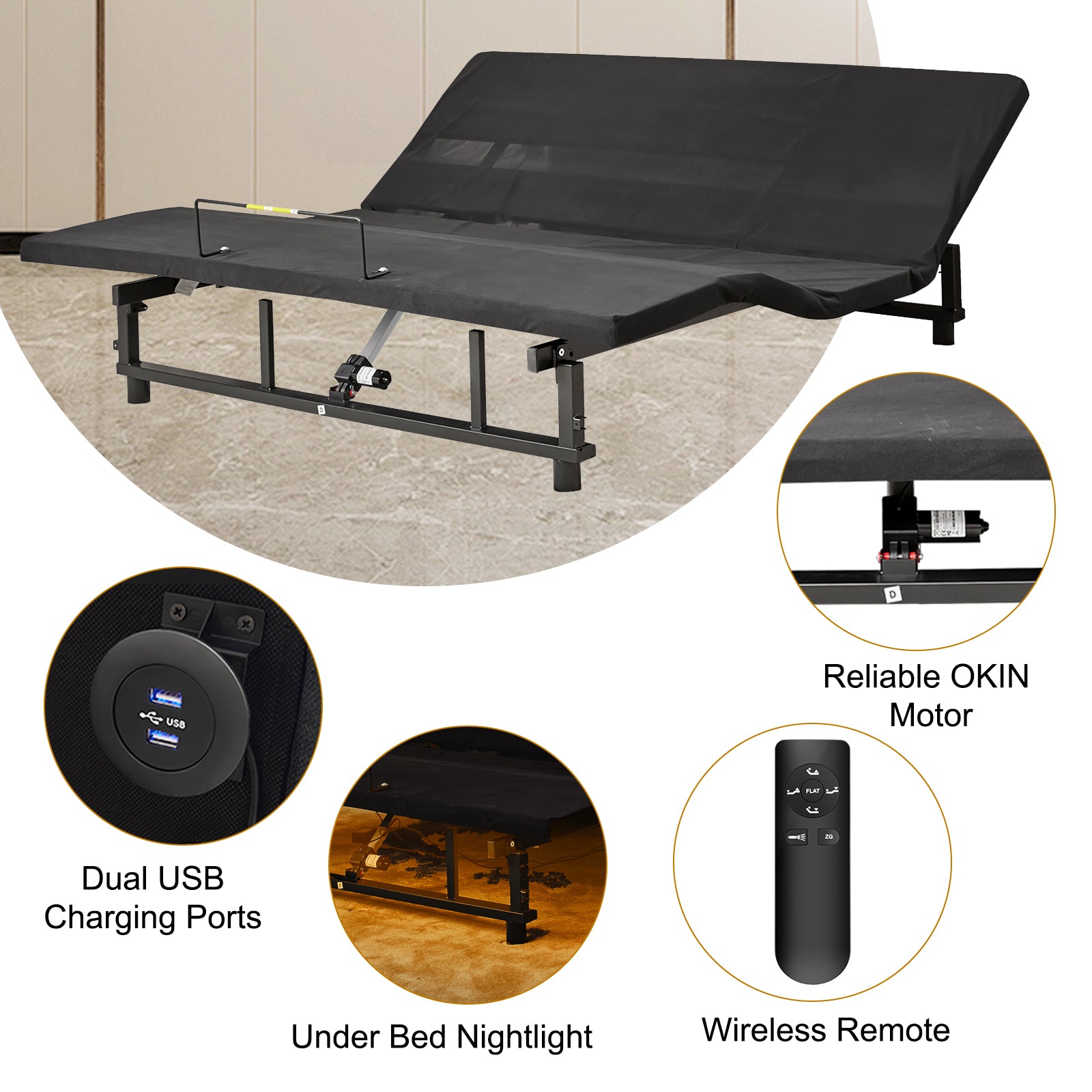 Black adjustable bed frame with wireless remote