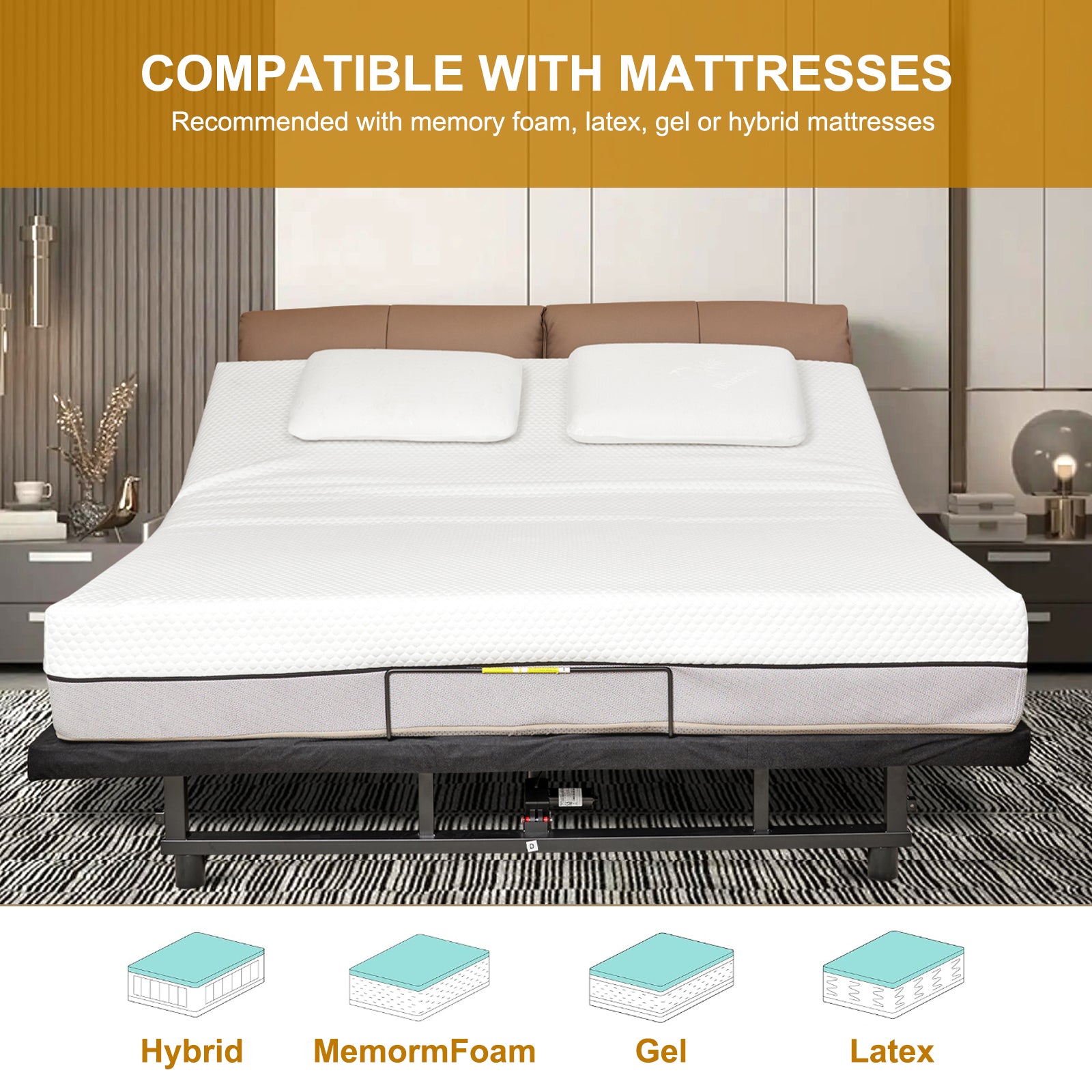 Adjustable bed frame with a white quilted mattress and two pillows
