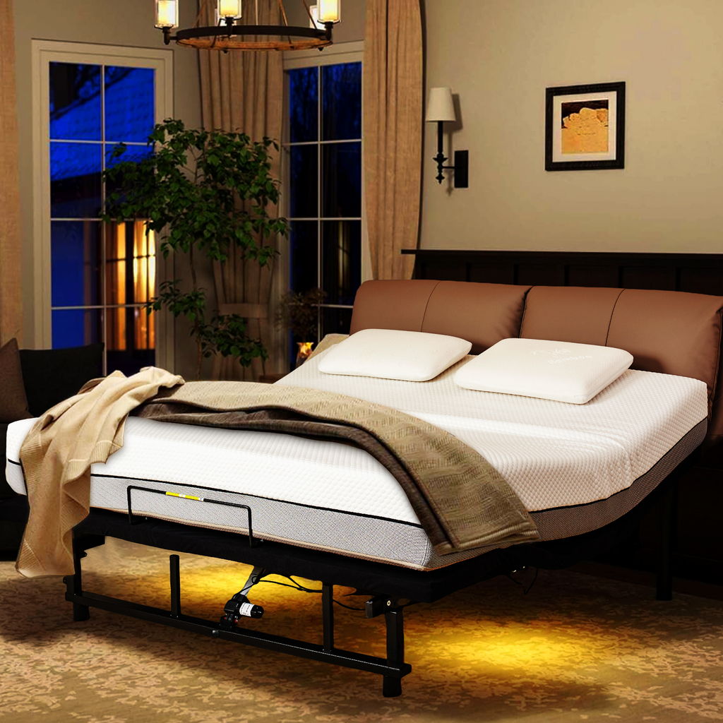 Adjustable bed frame with white mattress and brown leather headboard