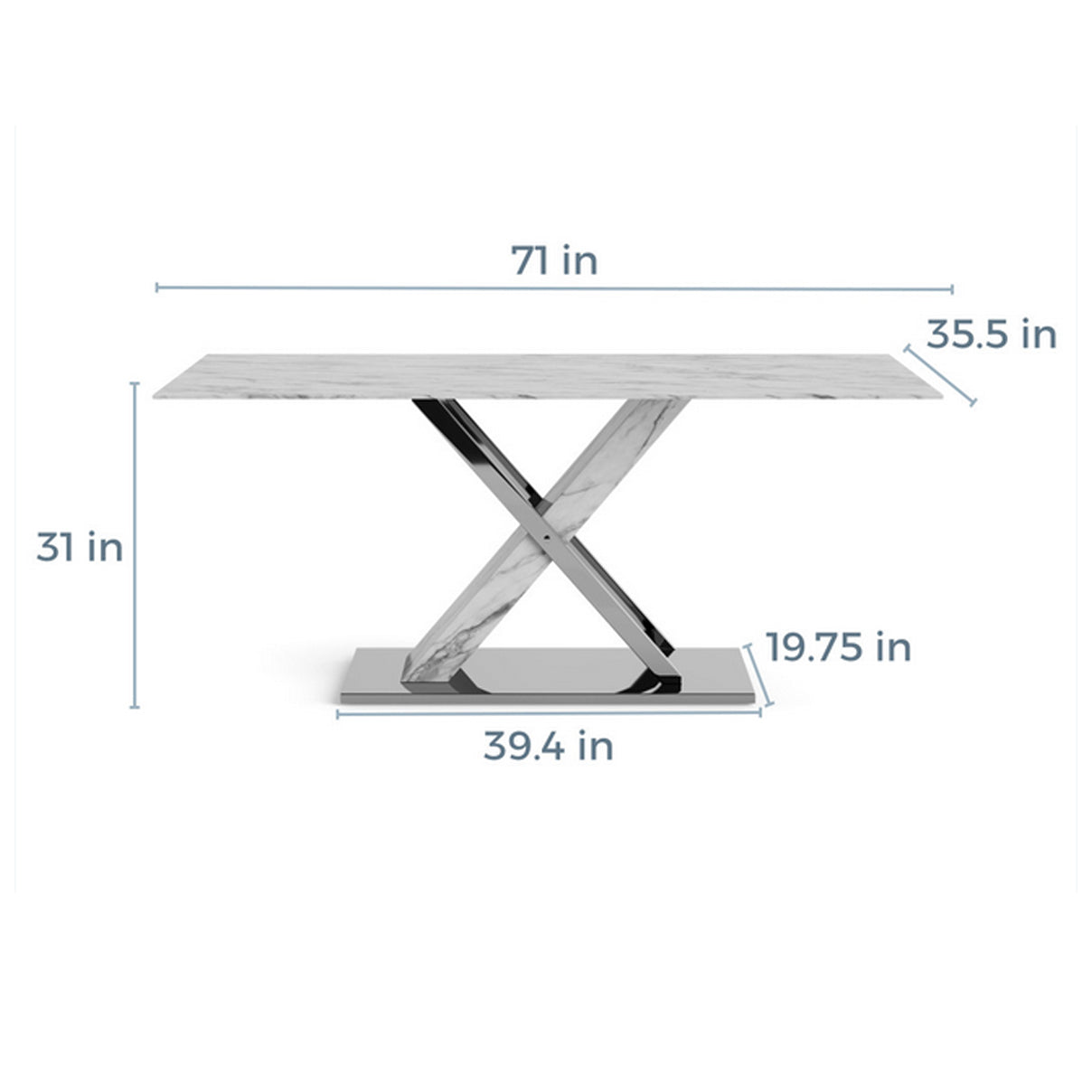 Modern marble top dining table with unique crisscross chrome base