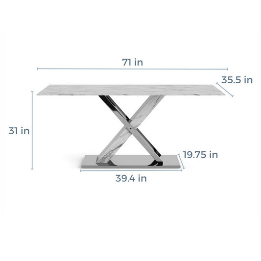 Modern marble top dining table with unique crisscross chrome base