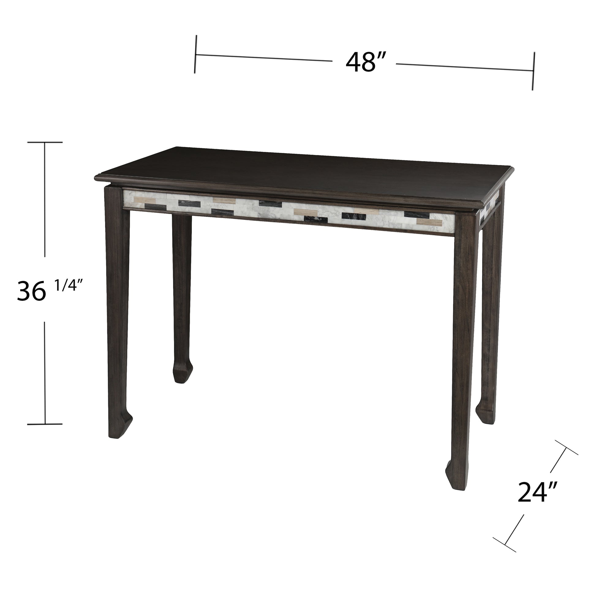 Dark wood console table with inlaid mosaic pattern on drawer front and curved legs