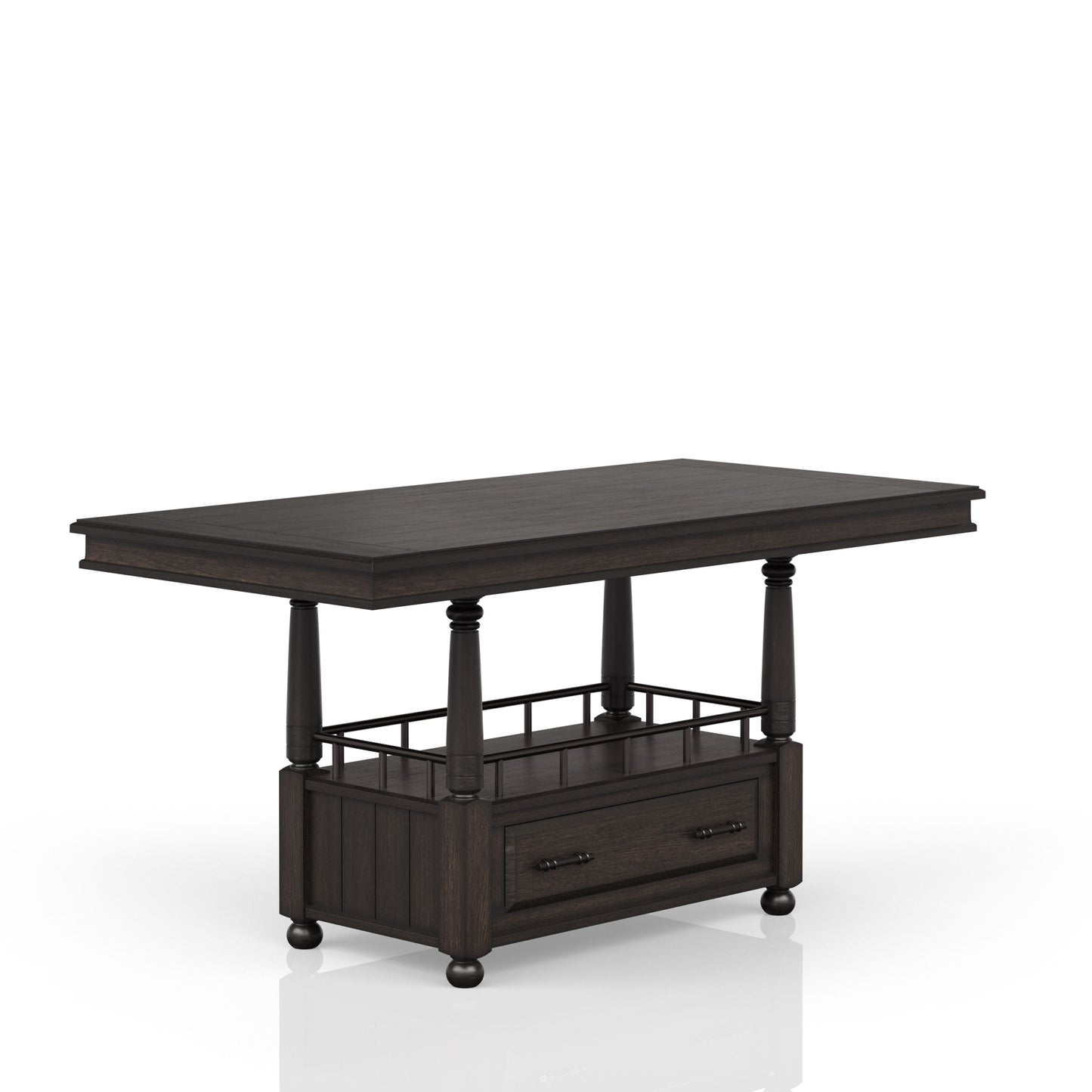 Dark wood kitchen island with two drawers and decorative turned legs