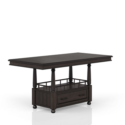 Dark wood kitchen island with two drawers and decorative turned legs