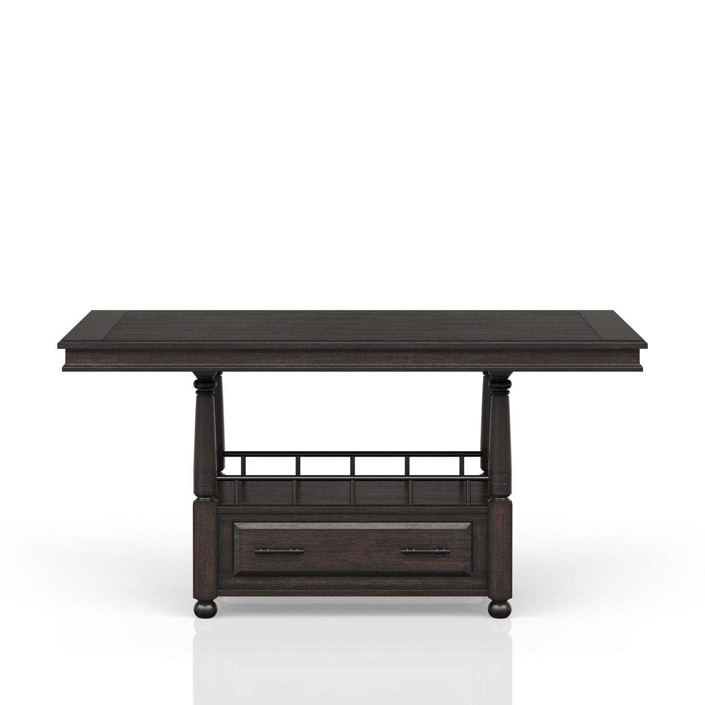 Dark wood console table with turned legs and two drawers