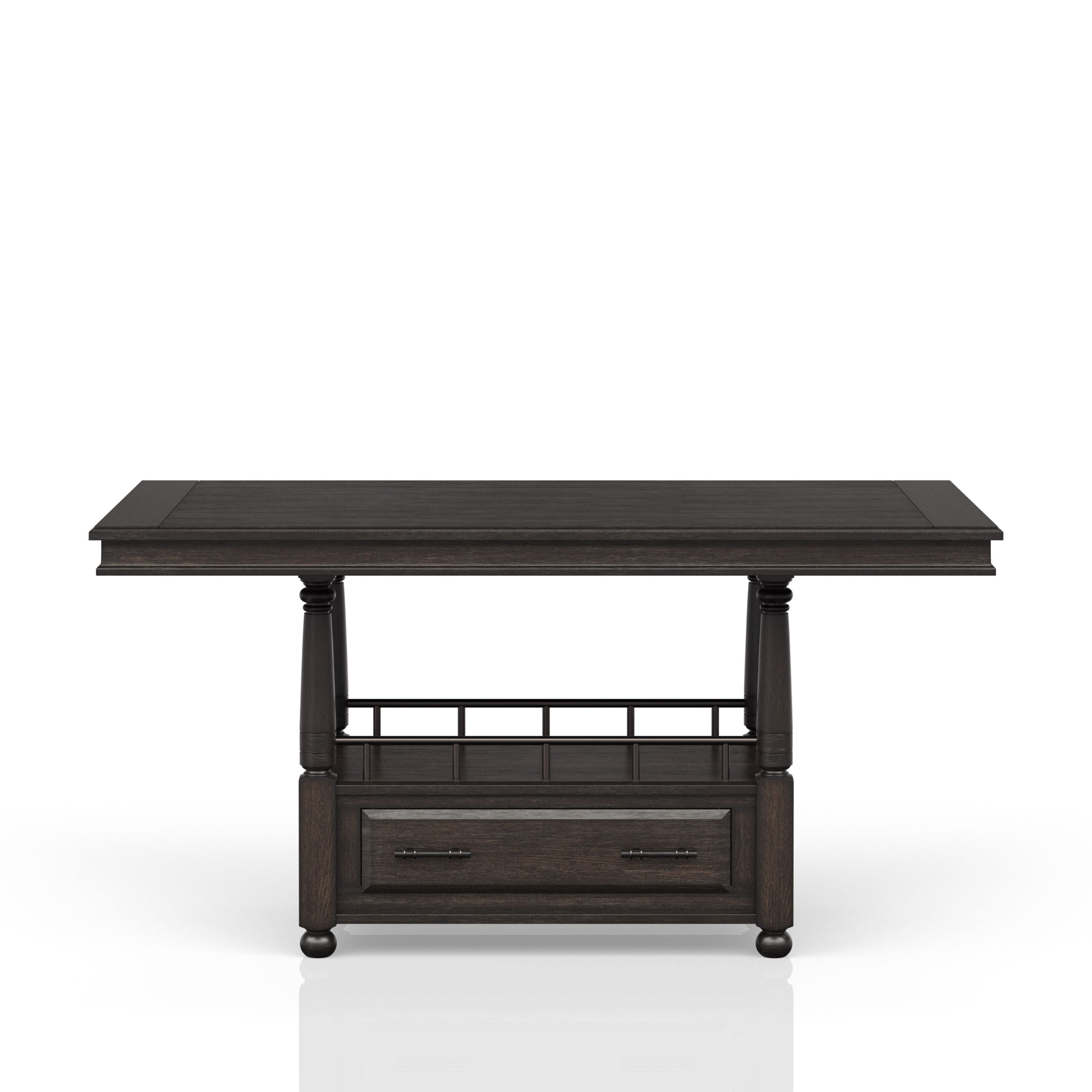 Dark wood console table with turned legs and two drawers