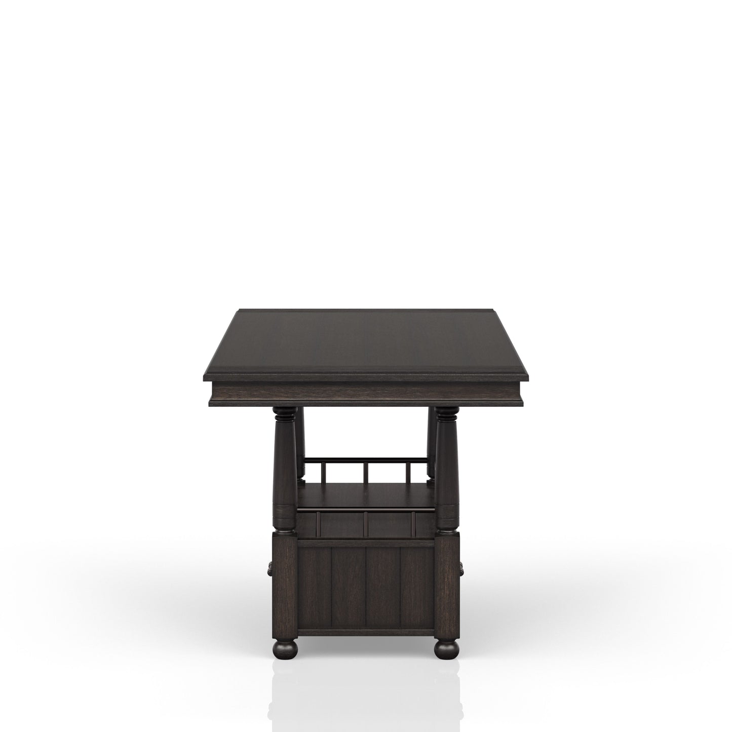 Dark wood console table with turned legs and two shelves