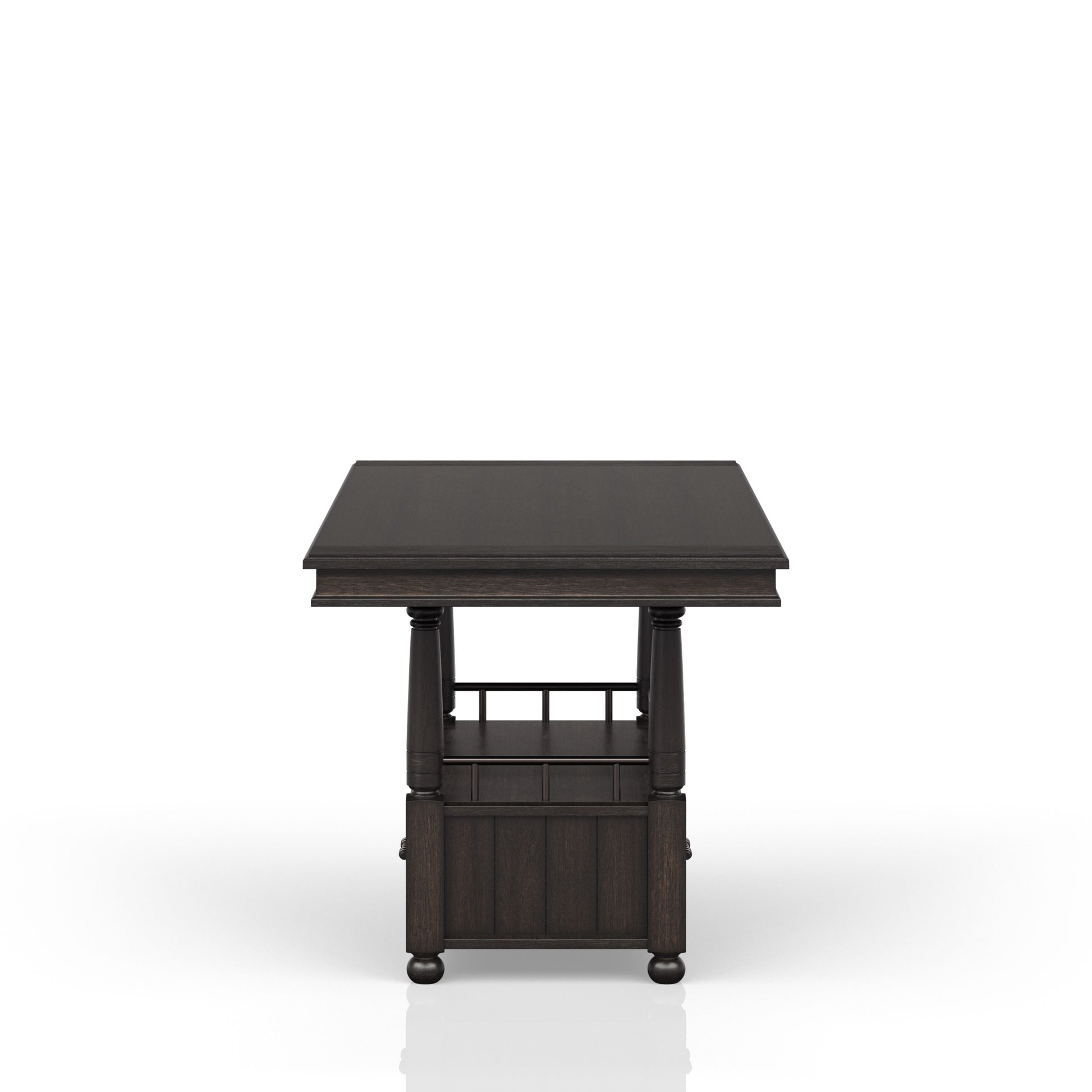Dark wood console table with turned legs and two shelves