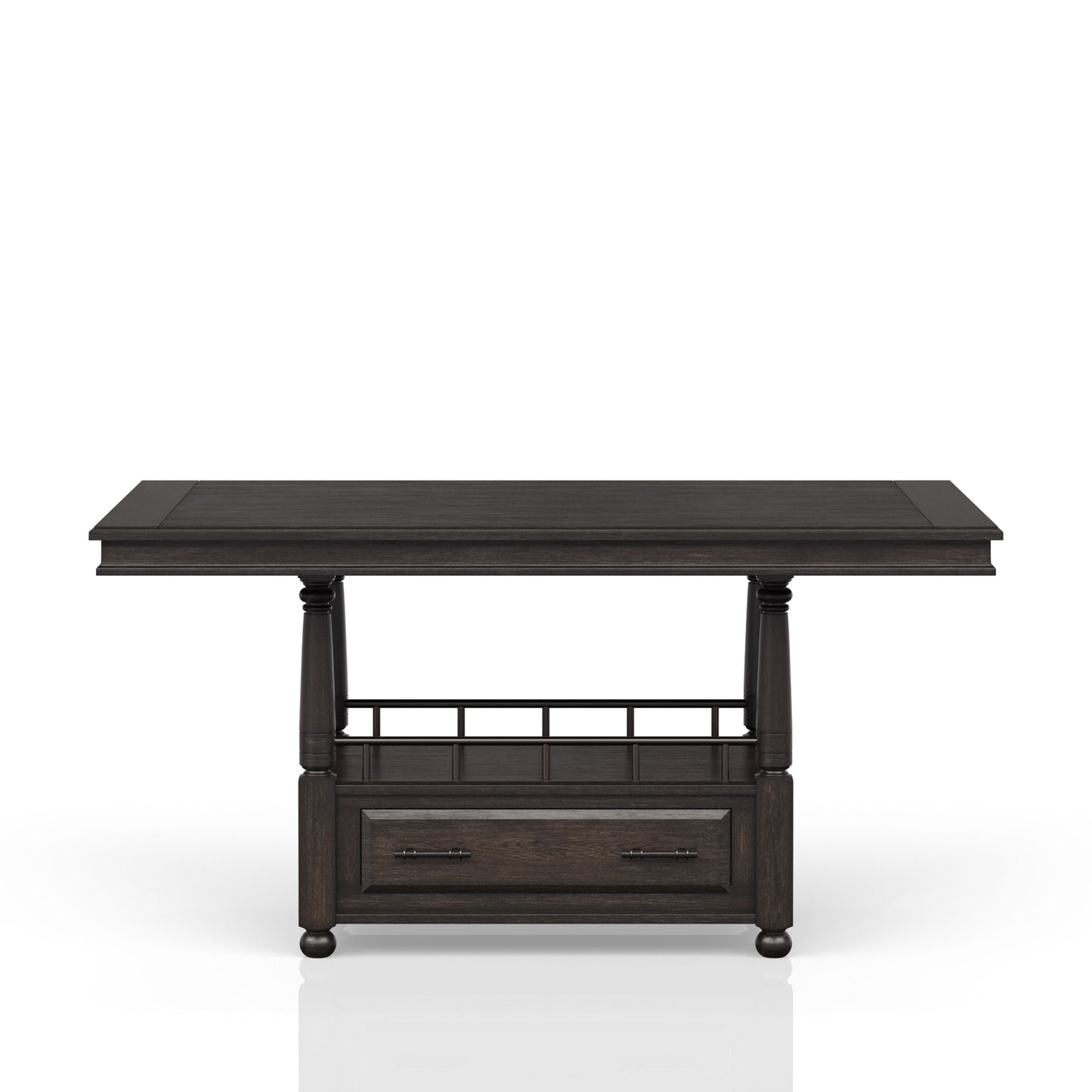 Dark oak counter height table with two drawers and a slatted shelf