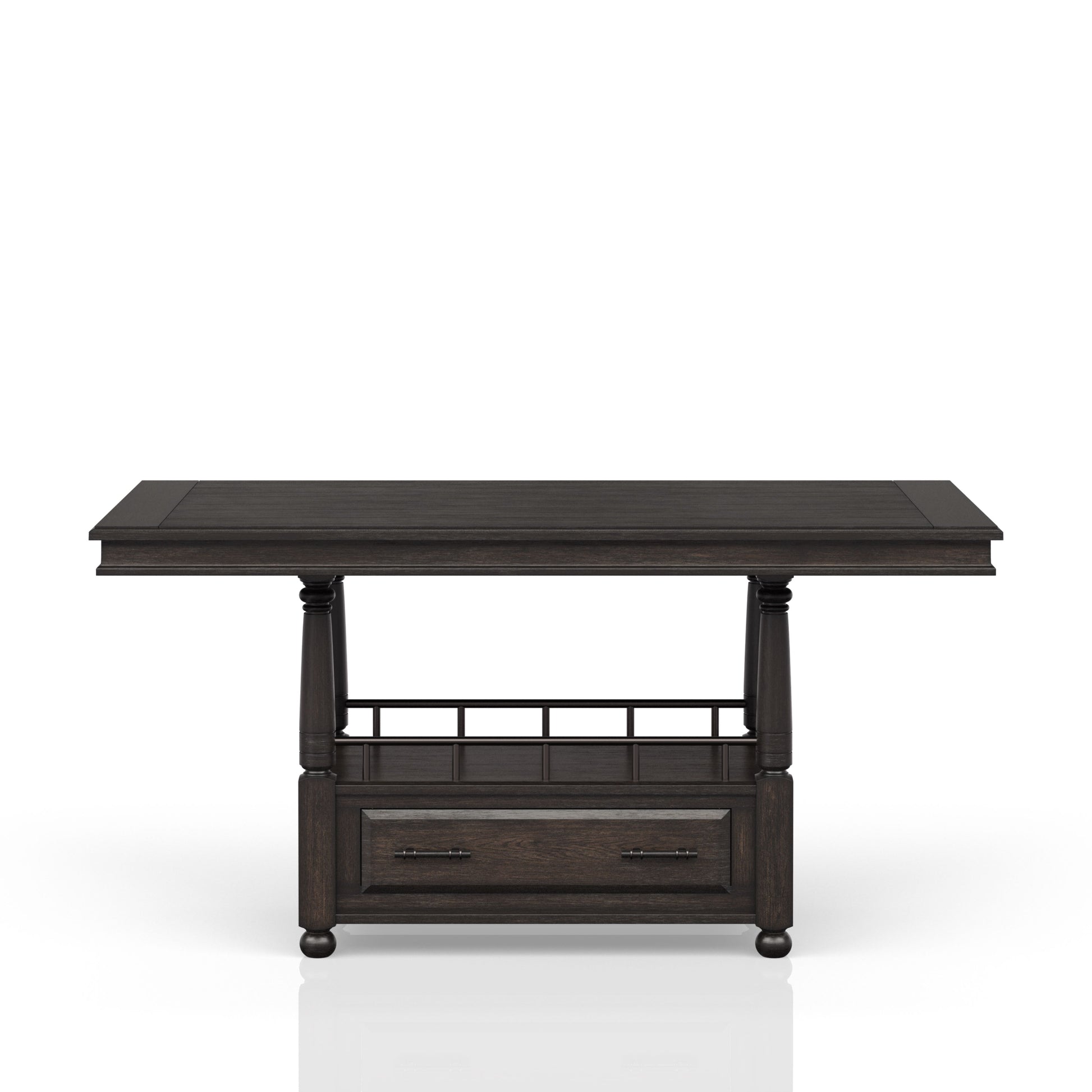 Dark oak counter height table with two drawers and a slatted shelf