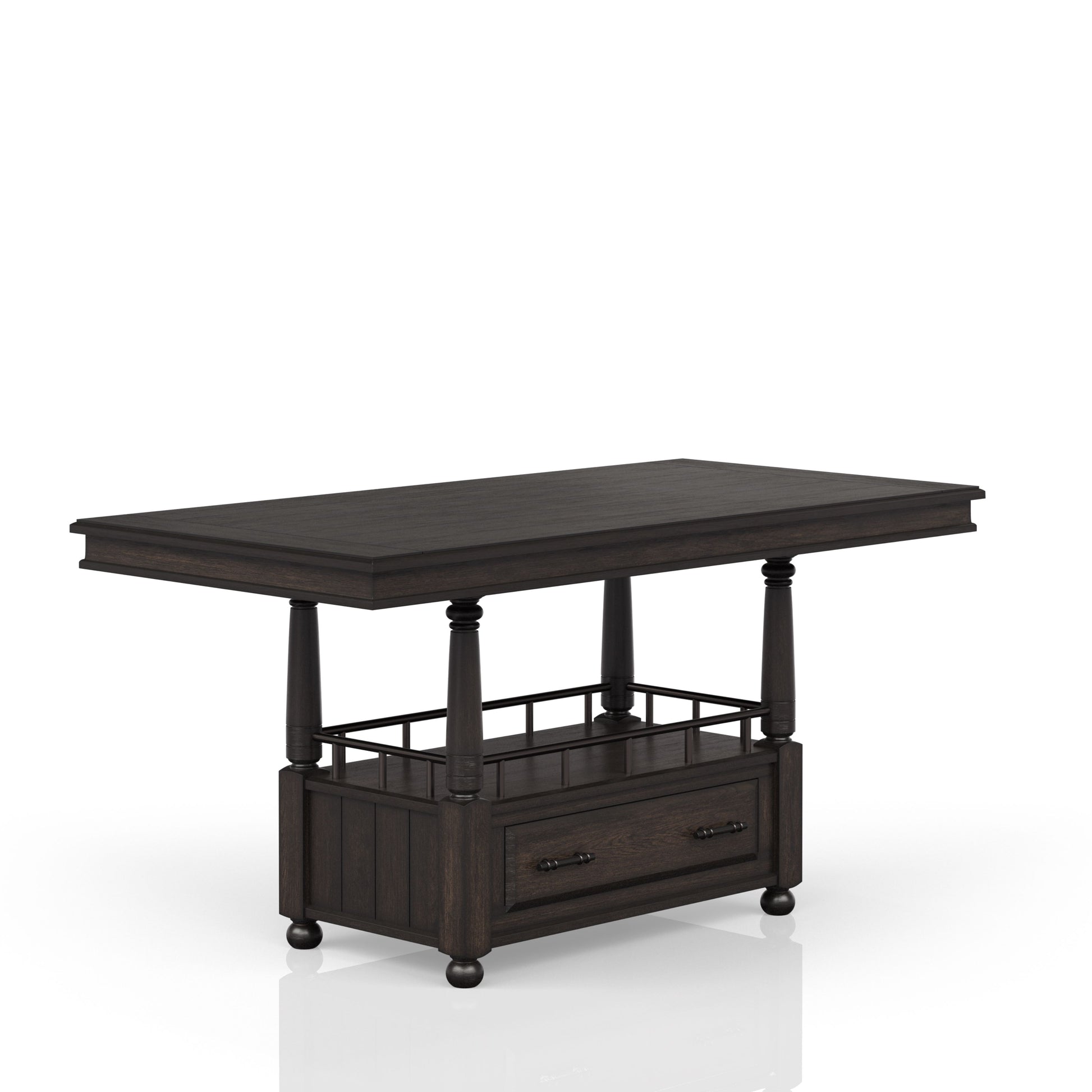 Dark wood bar cart with two drawers and spindle legs