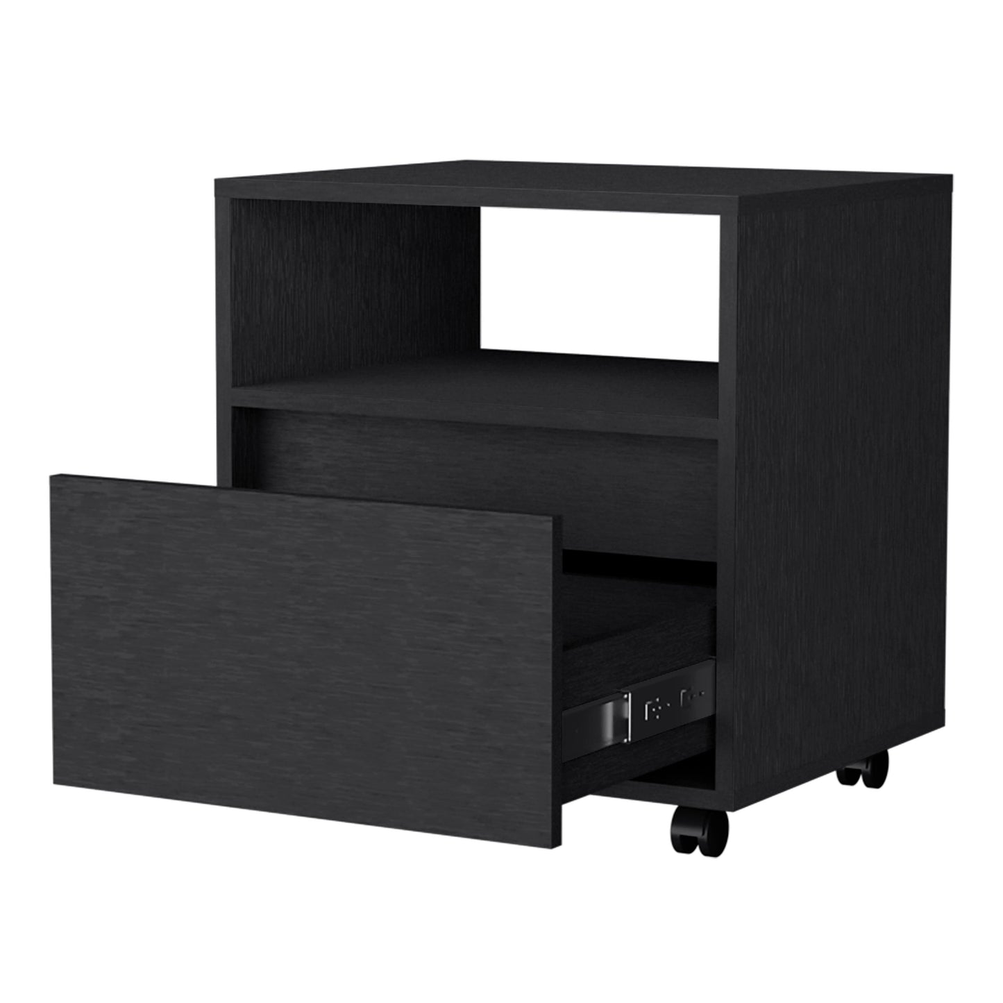 Black rolling filing cabinet with one open drawer and one open shelf
