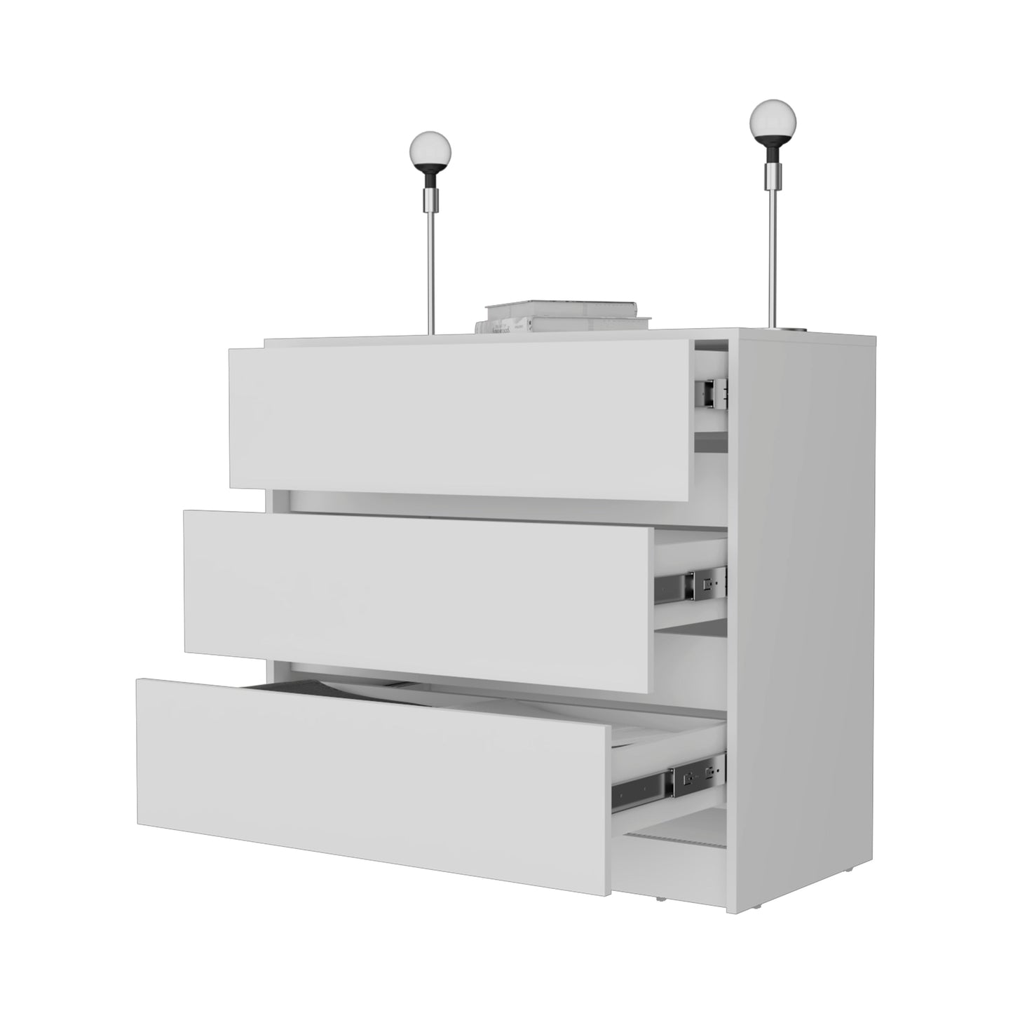White threedrawer dresser with modern minimalist design