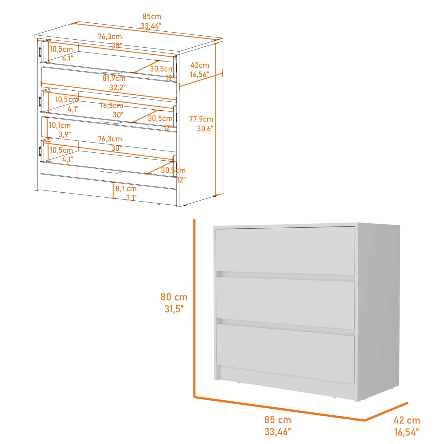 White drawer chest with clear dimensions