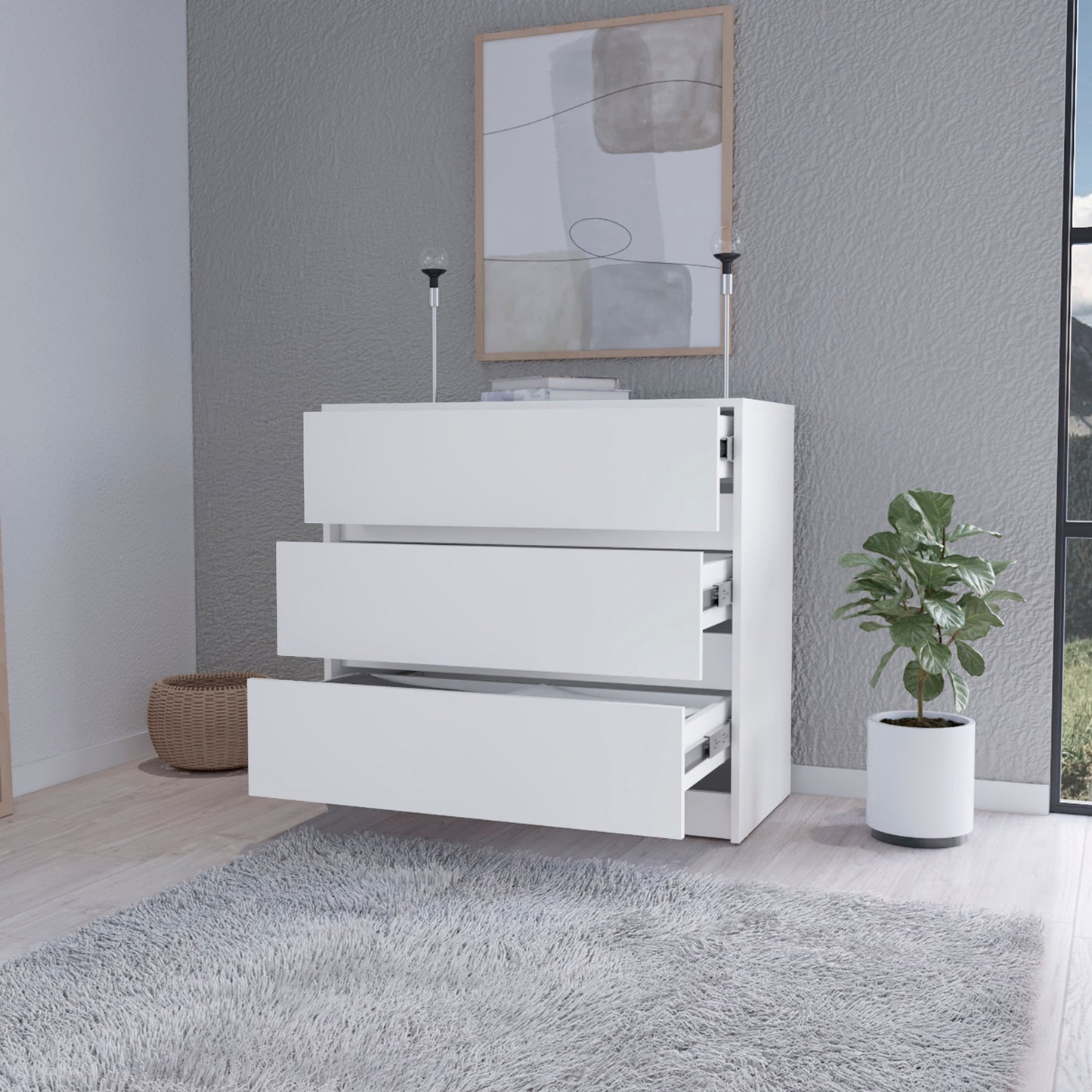 Modern white threedrawer dresser with sleek handleless fronts and silver drawer slides