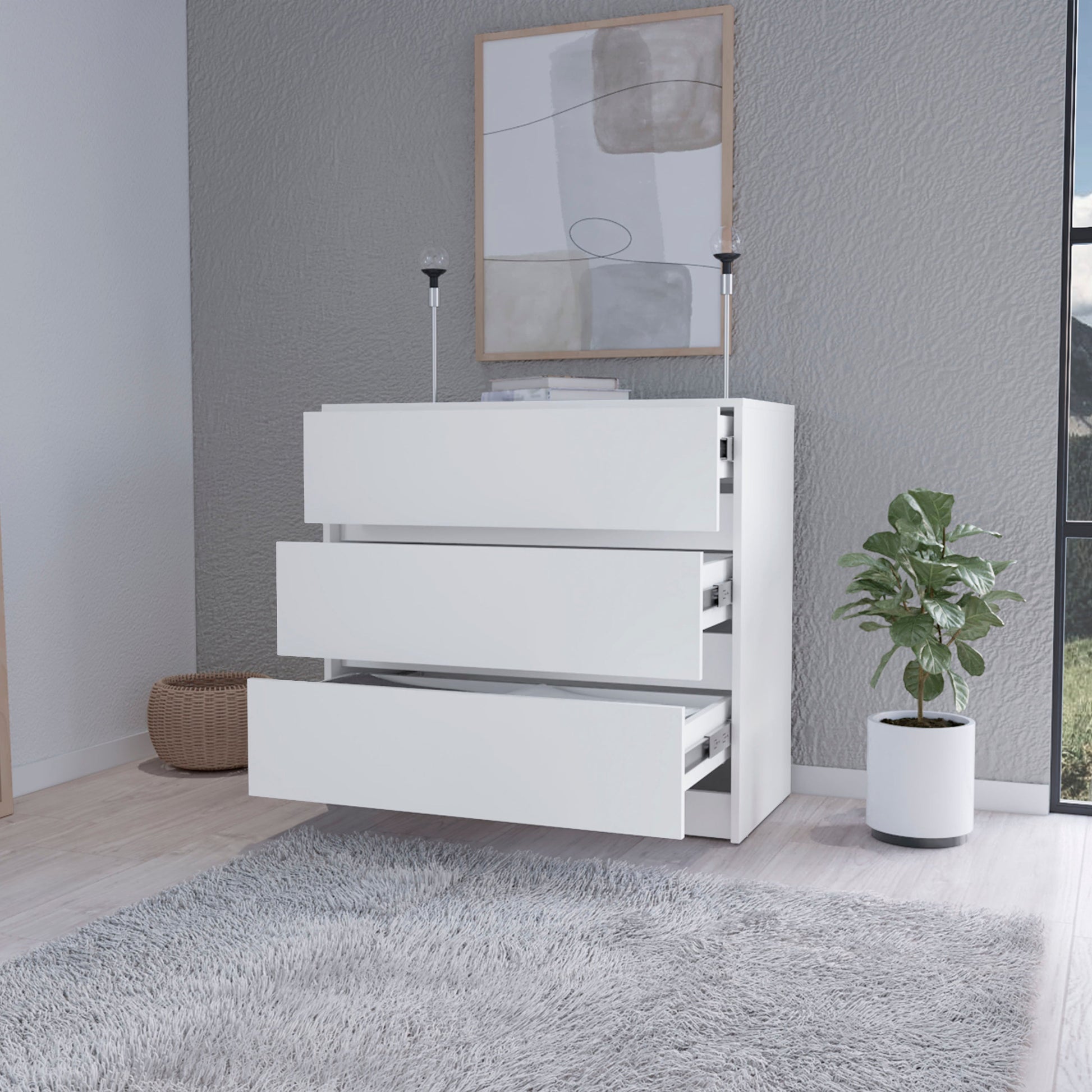 Modern white threedrawer dresser with sleek handleless fronts and silver drawer slides