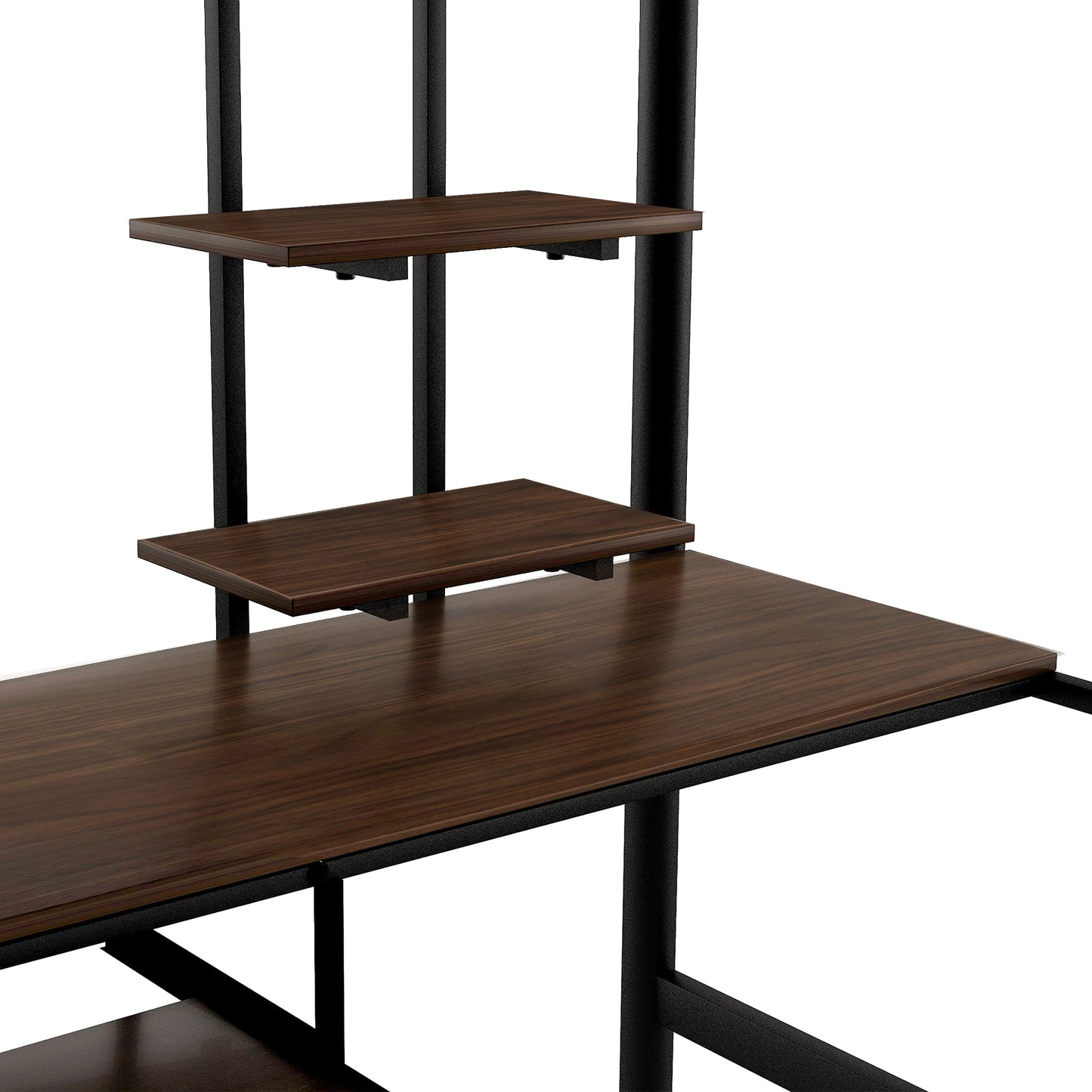 Dark wood computer desk with black metal frame and shelving