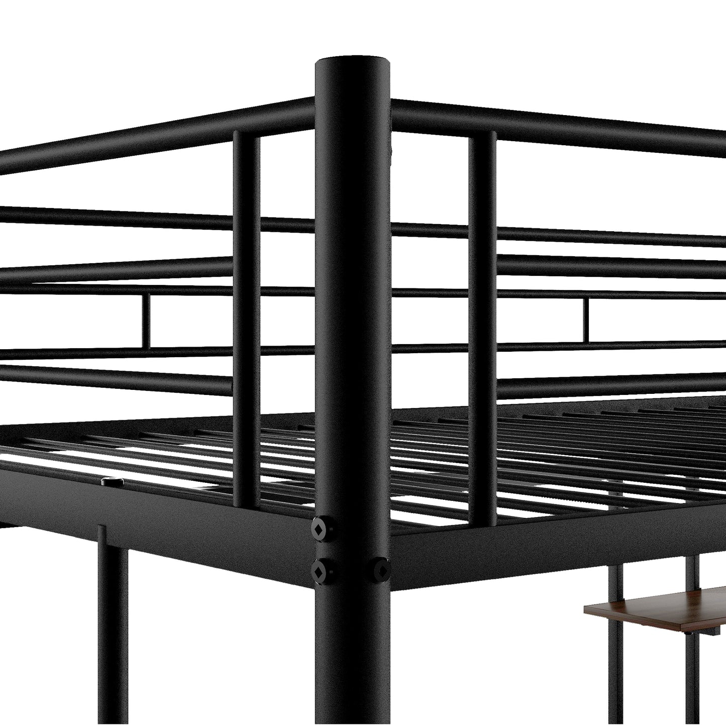 Black metal bunk bed frame with integrated desk