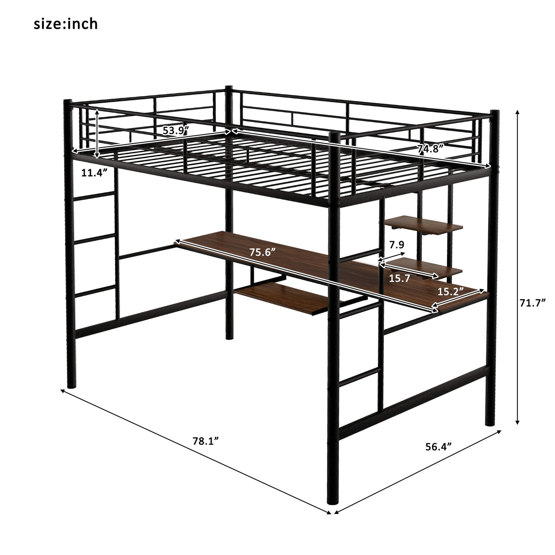 Black metal loft bed with integrated desk and stairs for children