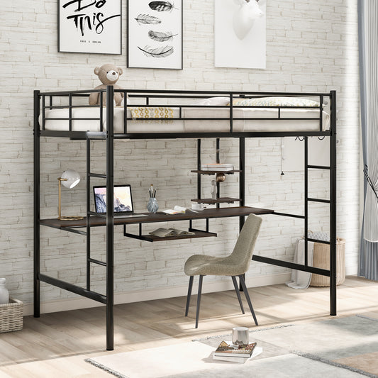 Black metal twin loft bed with integrated desk and shelves