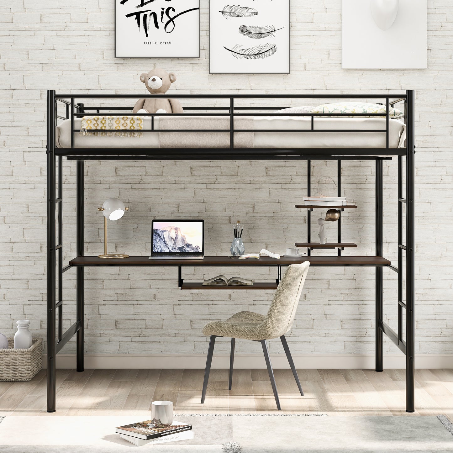 Black metal loft bed with integrated desk and chair