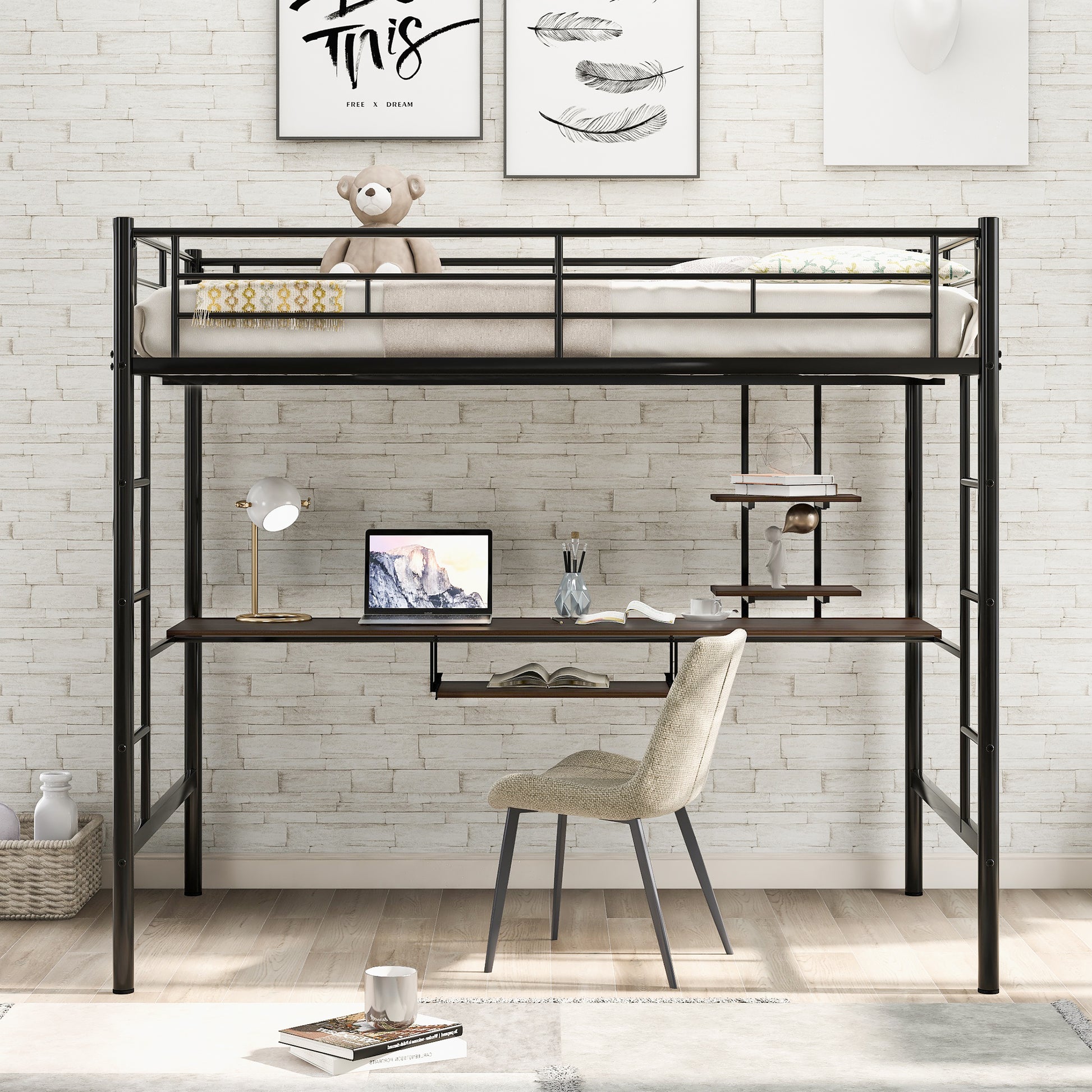 Black metal loft bed with integrated desk and chair