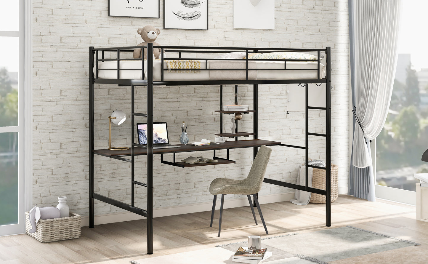 Black metal loft bed with integrated desk and a teddy bear on top bunk