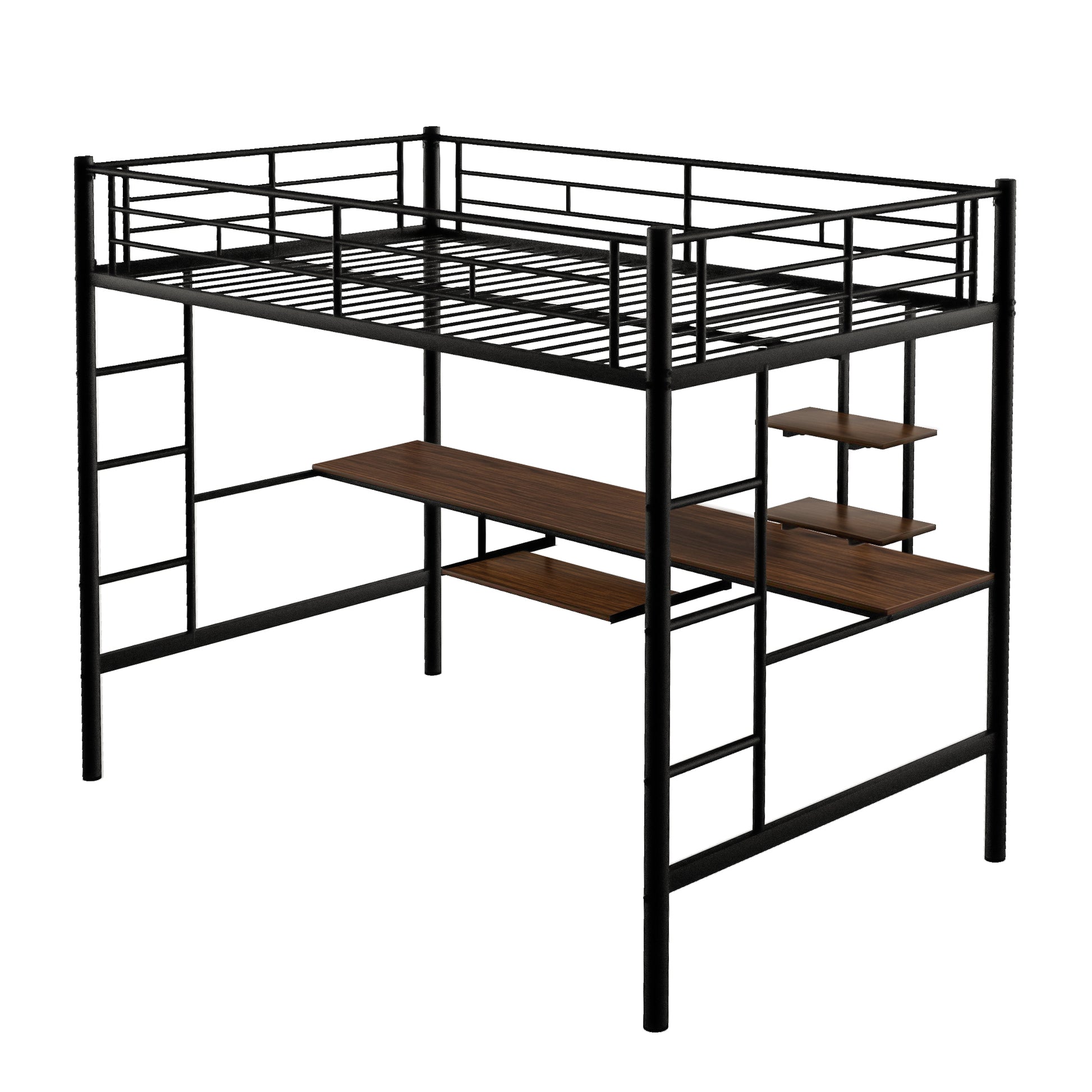 Black metal loft bed with integrated desk and shelves