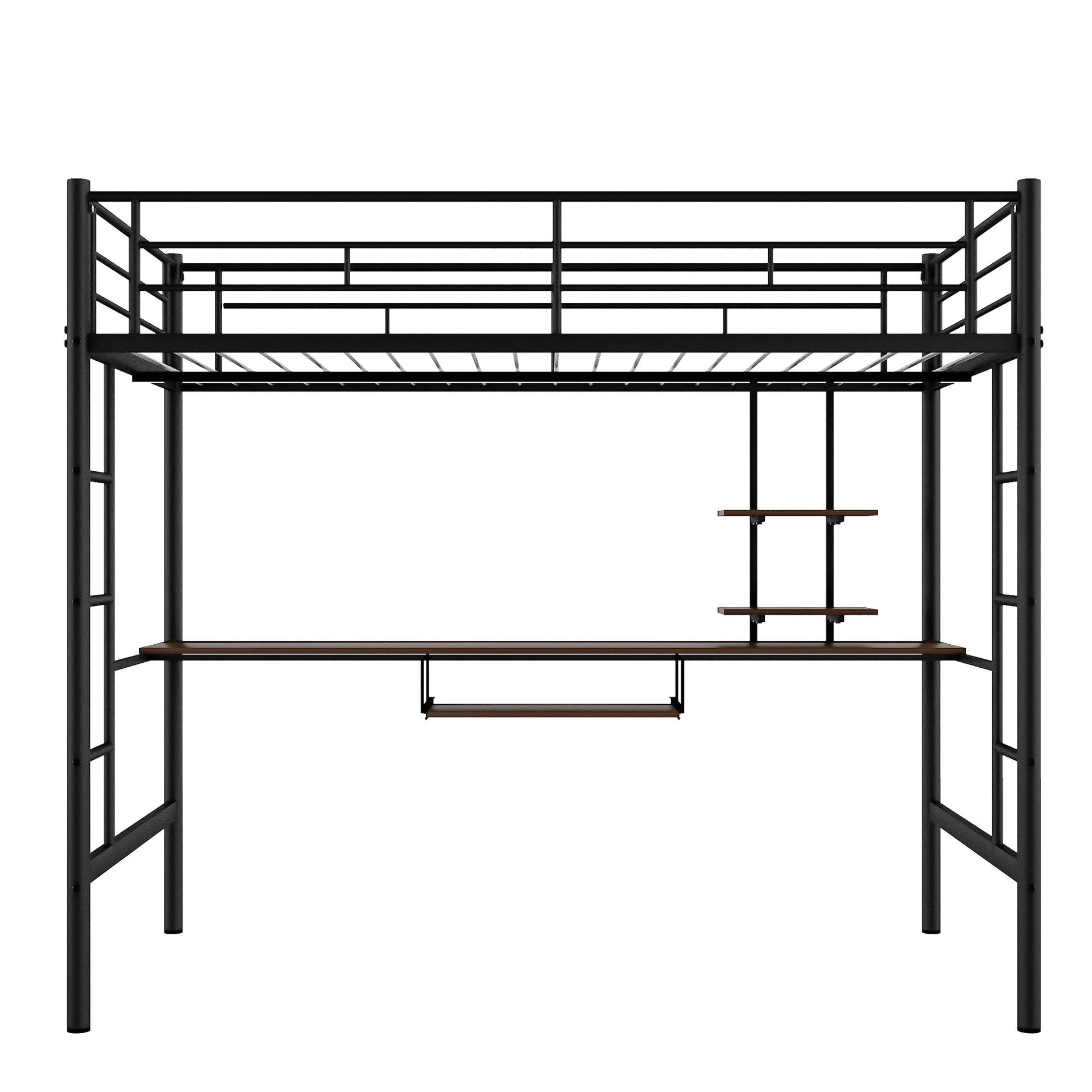 Black metal loft bed with integrated desk and shelves