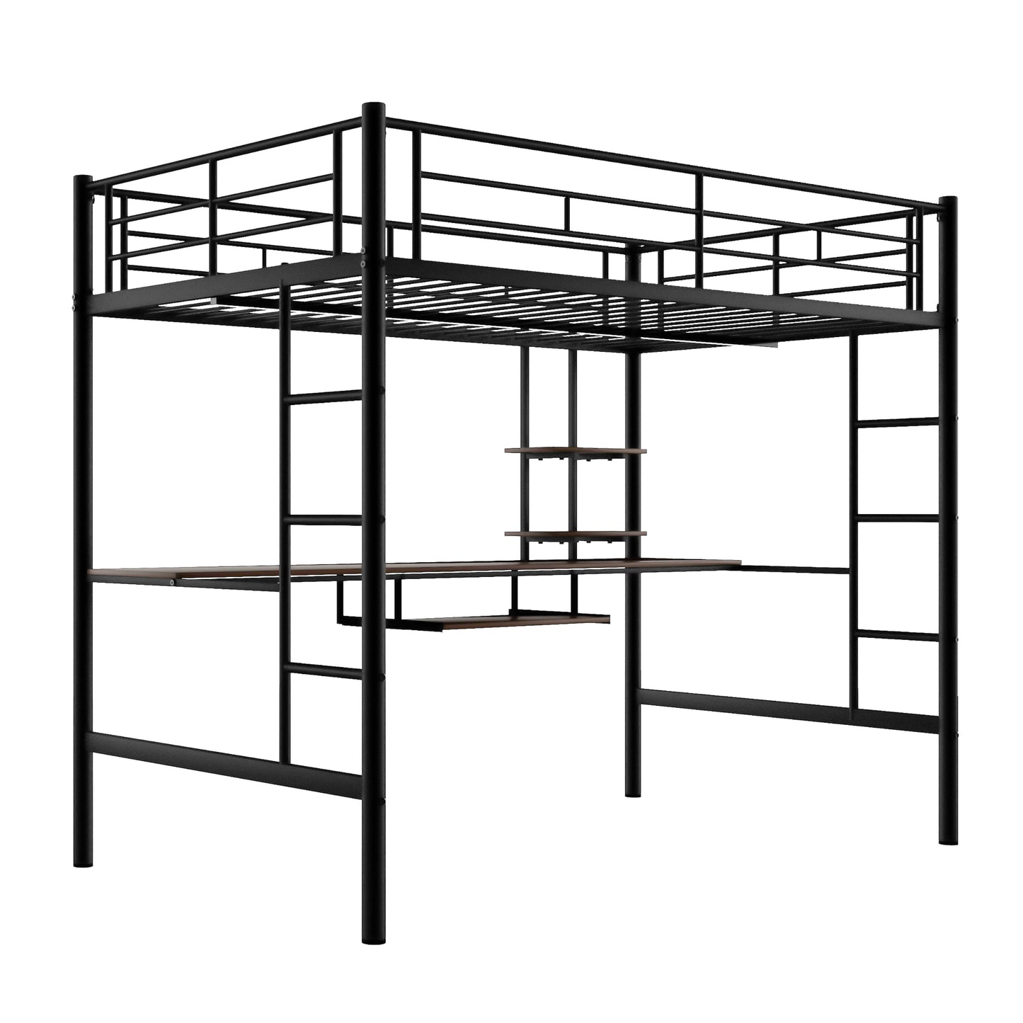 Black metal loft bed with integrated desk and shelving