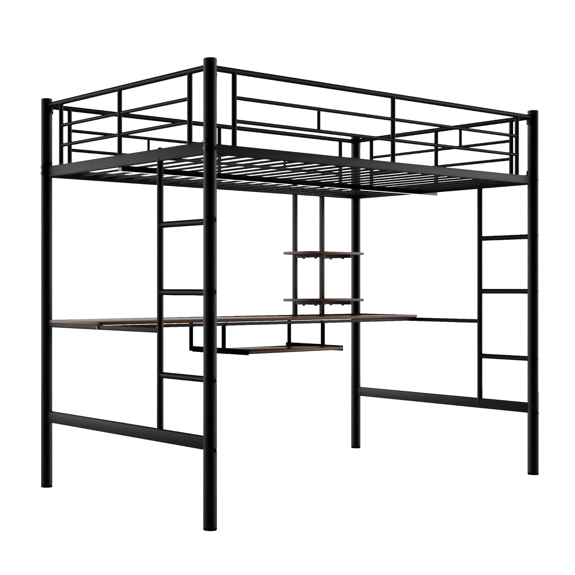 Black metal loft bed with integrated desk and shelving