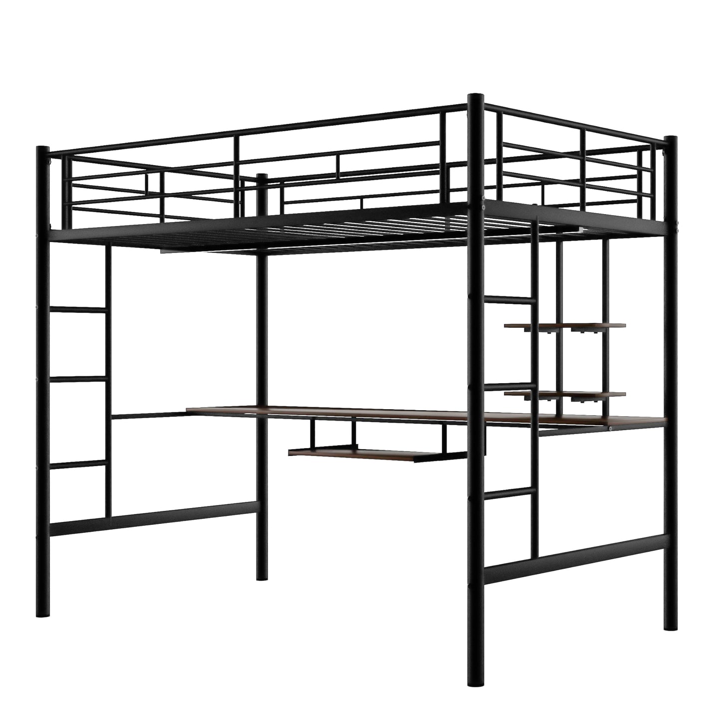 Black metal loft bed with integrated desk and shelves
