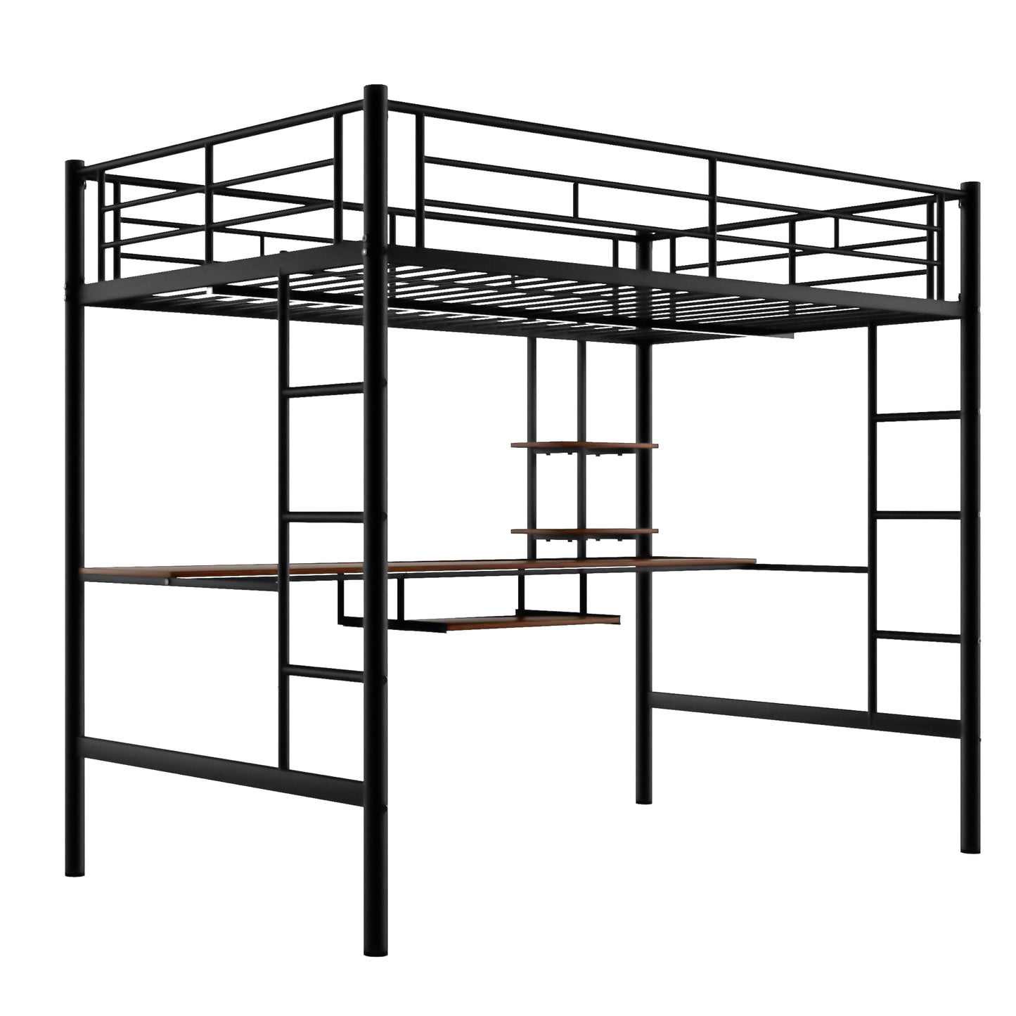 Black metal twin loft bed with desk and shelves for kids room
